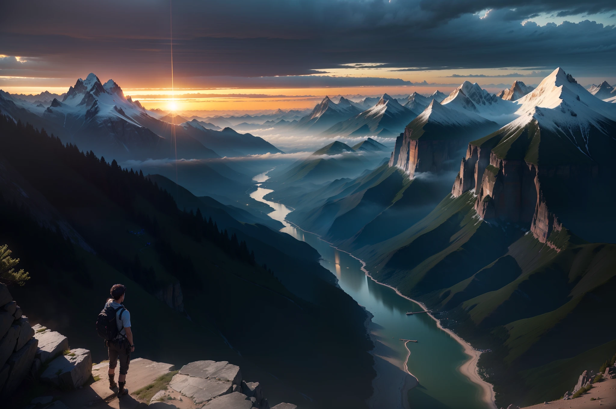 (A high resolution,hyper HD,awardwinning,high detal,Best quality detailed,16k,high qulity,The is very detailed,Cinematic lighting effects,Outdoor Sketching,ultra hd photo),Excellent image quality,Realistic details,RAW photo of the landscape,small detailed,realisticlying,ultra real photo,People overlook the mountains from the top of the mountain,Faraway view,ultra-wide-angle,overhead photography,Sunlight shines,blue-sky,baiyun,Yamakawa ,rios,Greenwood