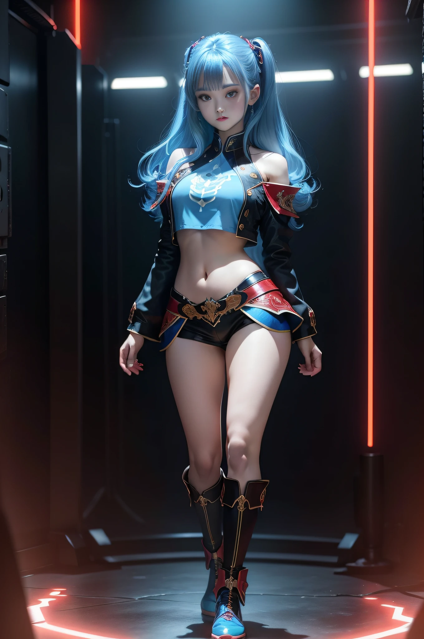 "Full body view of Kim Chaewon in a fantasy revealing outfit with blue hair highlighted by vibrant red lights. She is standing confidently, with a slight exposure of her midriff and a petite figure. The photo is captured in UHD 4K, exhibiting exquisite details."