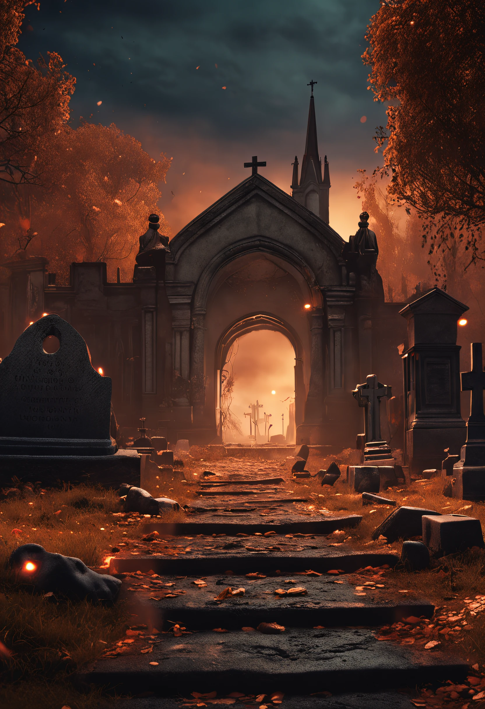 there is a cemetery with a lot of tombstones in the background, alexey egorov, by Eglon van der Neer, bussiere rutkowski andreas rocha, eerie nostalgic concept art, background artwork, by Otakar Kubín, martin raphael lacoste, graveyard landscape, graveyard background, graveyard, cemetery, stefan koidl inspired , realistic, hyper realistic, super realistic with pictures burned down