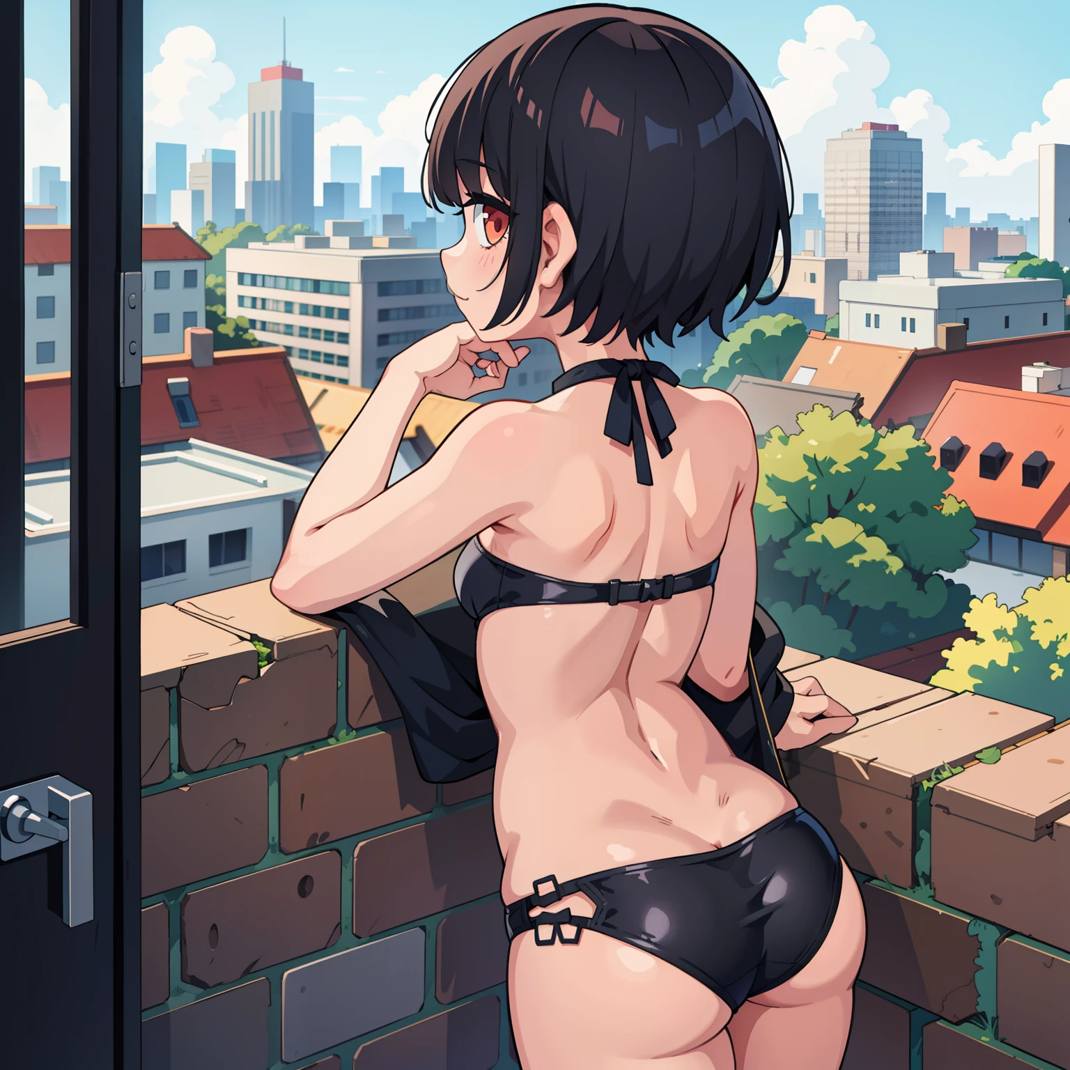 emo from the back looking at the city, black bathing suit, short hair