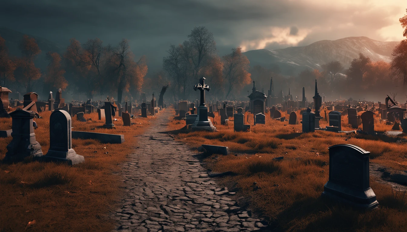 there is a cemetery with a lot of tombstones in the background, alexey egorov, by Eglon van der Neer, bussiere rutkowski andreas rocha, eerie nostalgic concept art, background artwork, by Otakar Kubín, martin raphael lacoste, graveyard landscape, graveyard background, graveyard, cemetery, stefan koidl inspired , realistic, hyper realistic, super realistic with pictures burned down