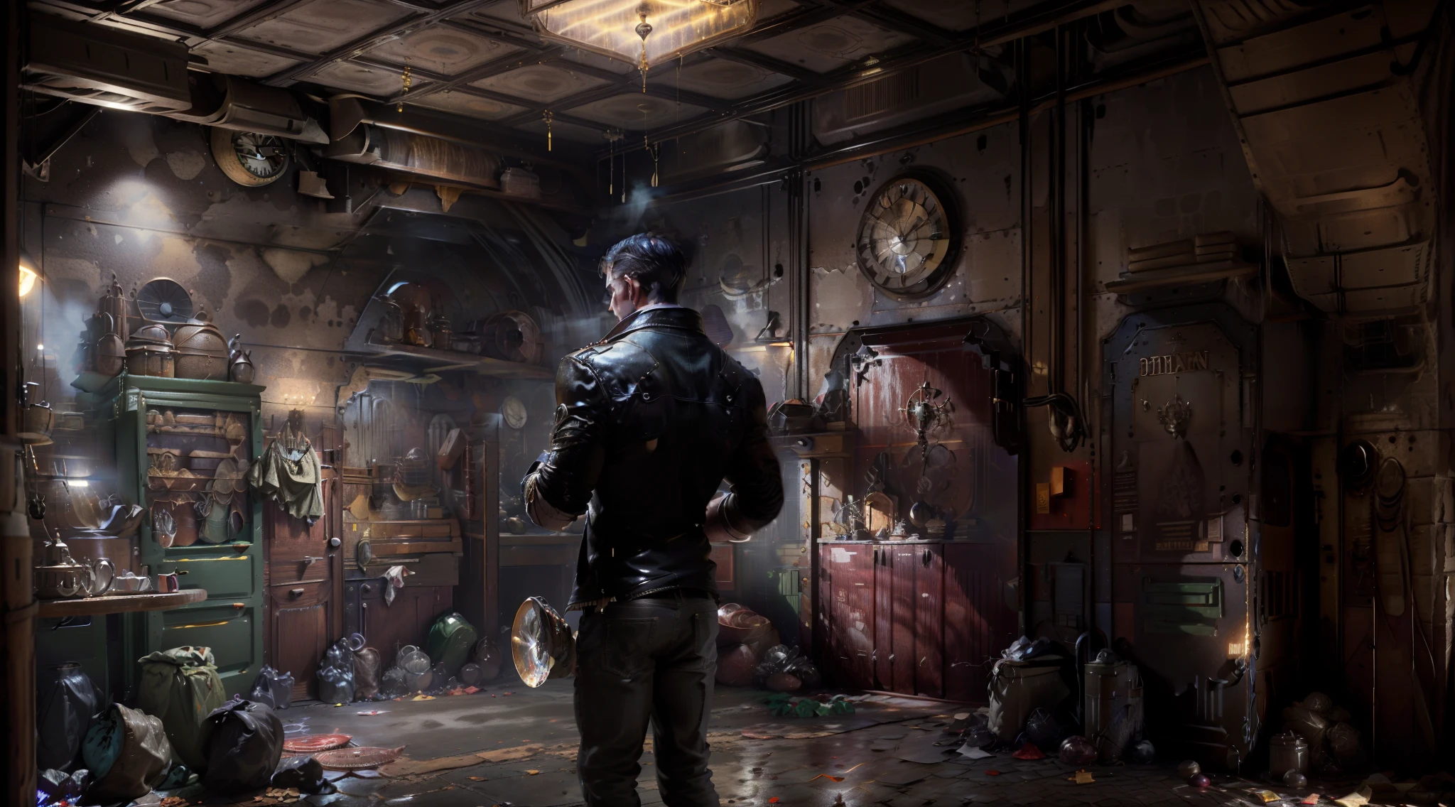 In a dimly lit underground vault, a man finds himself surrounded by the cold steel walls of a bank vault. The air is tinged with the faint scent of metal and dust, and a low hum of ventilation provides the only constant sound. Stacks of currency, both crisp bills and weathered notes, lay strewn across the floor, creating an opulent mosaic of wealth at his feet. The flickering light from an overhead bulb casts eerie shadows across the room, giving the scene an almost surreal quality.

Against one wall, towering shelves stretch upward, their polished surfaces gleaming like mirrors. These shelves are lined with neat rows of safety deposit boxes, each door sporting a unique combination of numbers and letters. Some of the boxes stand open, revealing their contents—diamond-studded watches, glinting gold bars, and precious gemstones that catch the light and send colorful reflections dancing around the room.

The man's footsteps echo as he paces among the riches, his fingers brushing against the cool, smooth edges of the money stacks. The crisp notes crinkle faintly beneath his touch, a tangible reminder of the overwhelming fortune surrounding him. A leather duffle bag sits discarded on the ground, its zipper half-open as if it couldn't contain the sheer abundance of wealth it was meant to hold.

As the man moves, his gaze is drawn to a heavy steel door on the far side of the room. It stands slightly ajar, revealing a tantalizing glimpse of the vault's entrance—an imposing circular door with intricate gears and locking mechanisms. The vault's history is palpable, its weighty presence evoking both the security and secrecy it was designed to uphold.

In this surreal tableau, the man's emotions are a mix of awe, excitement, and perhaps a hint of trepidation. He stands alone within this haven of riches, a modern-day Midas with the world's wealth at his fingertips, yet surrounded by the very symbols of security that keep it all confined, in a modern bank.