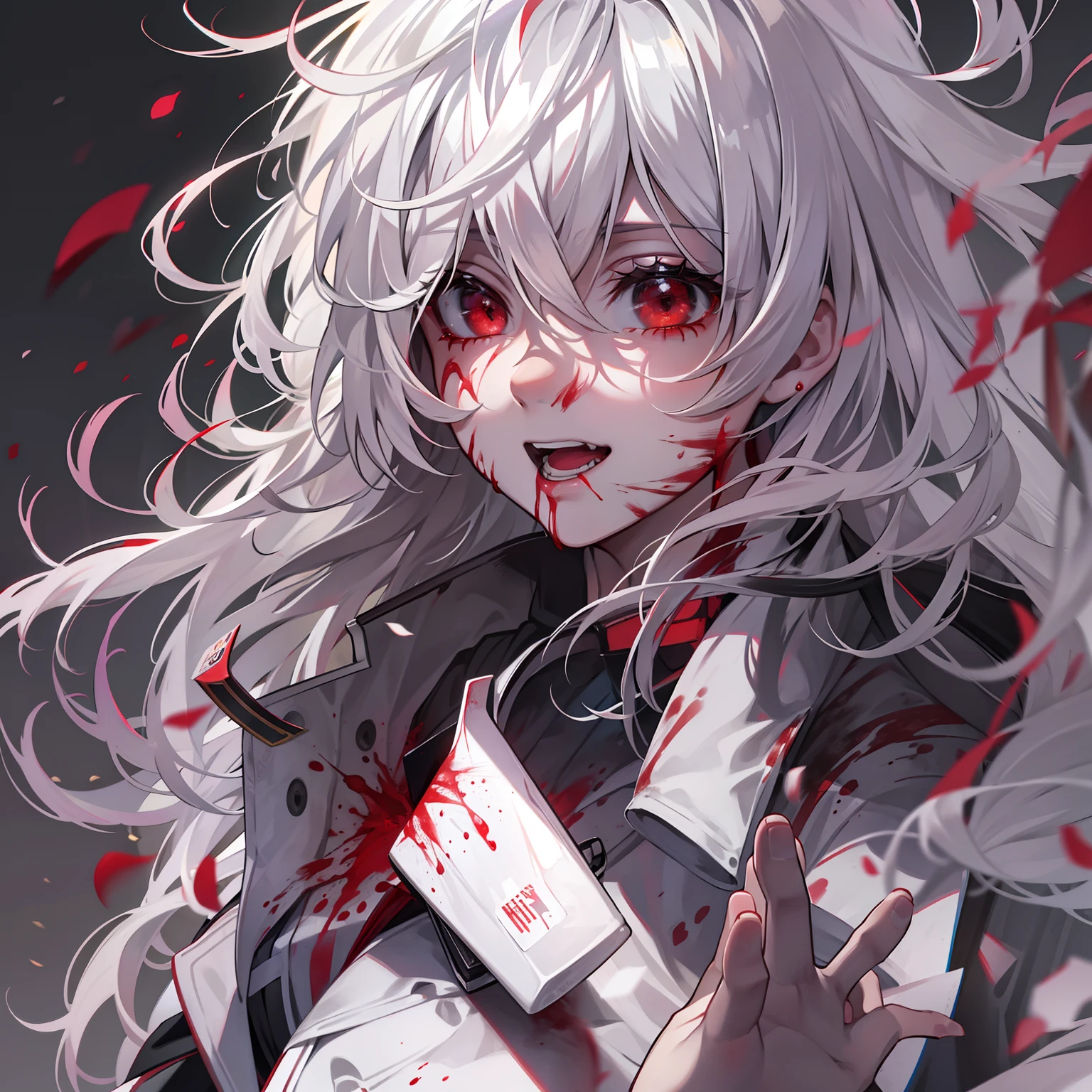 White messy hair, A playful expression,Red-eyed girl, Black and white premium coat,Barefoot ,Knife pulling action,tachi-e, Wide-angle, kanon, Motion blur, Ray tracing, Award-Awarded, High details, Smooth skin, 4K, Anatomically correct, ccurate, retinas,magazine cover text,blood-streaked face,