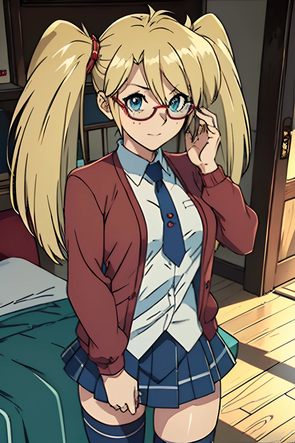 (masterpiece, best quality, ultra-detailed), 1girl, Rebecca Hopkins, blonde hair, twintails, red glasses,looking at viewer, sexy pose, bedroom, setting