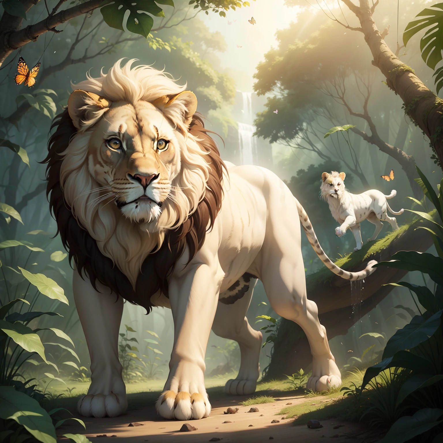 A lion in jungle with cute little white cat , flaying big butterflies in jungle