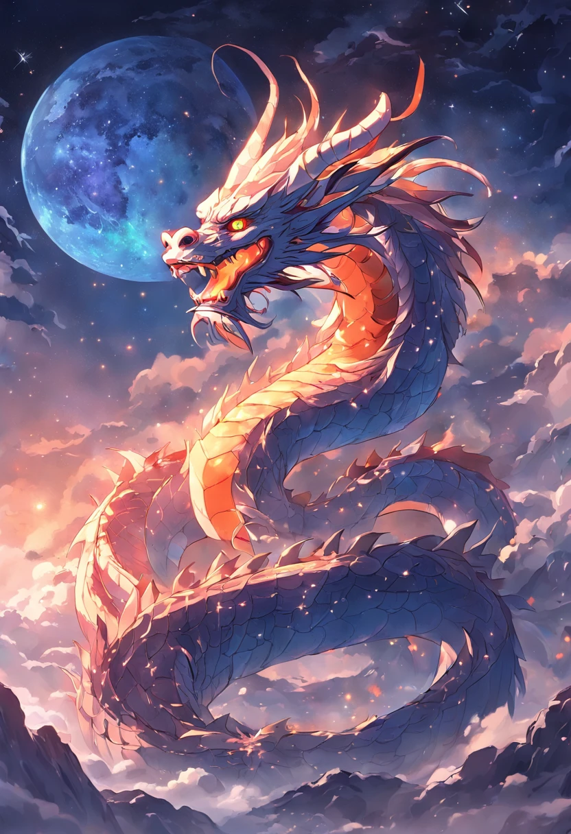 (Ying Dragon God), (Through the Clouds), (Top of the Mountains), (Complex), (Super Detail), (Starry Sky Background), (Stout Limbs), (Moon Night), (Ultra Clear), (Best Quality)