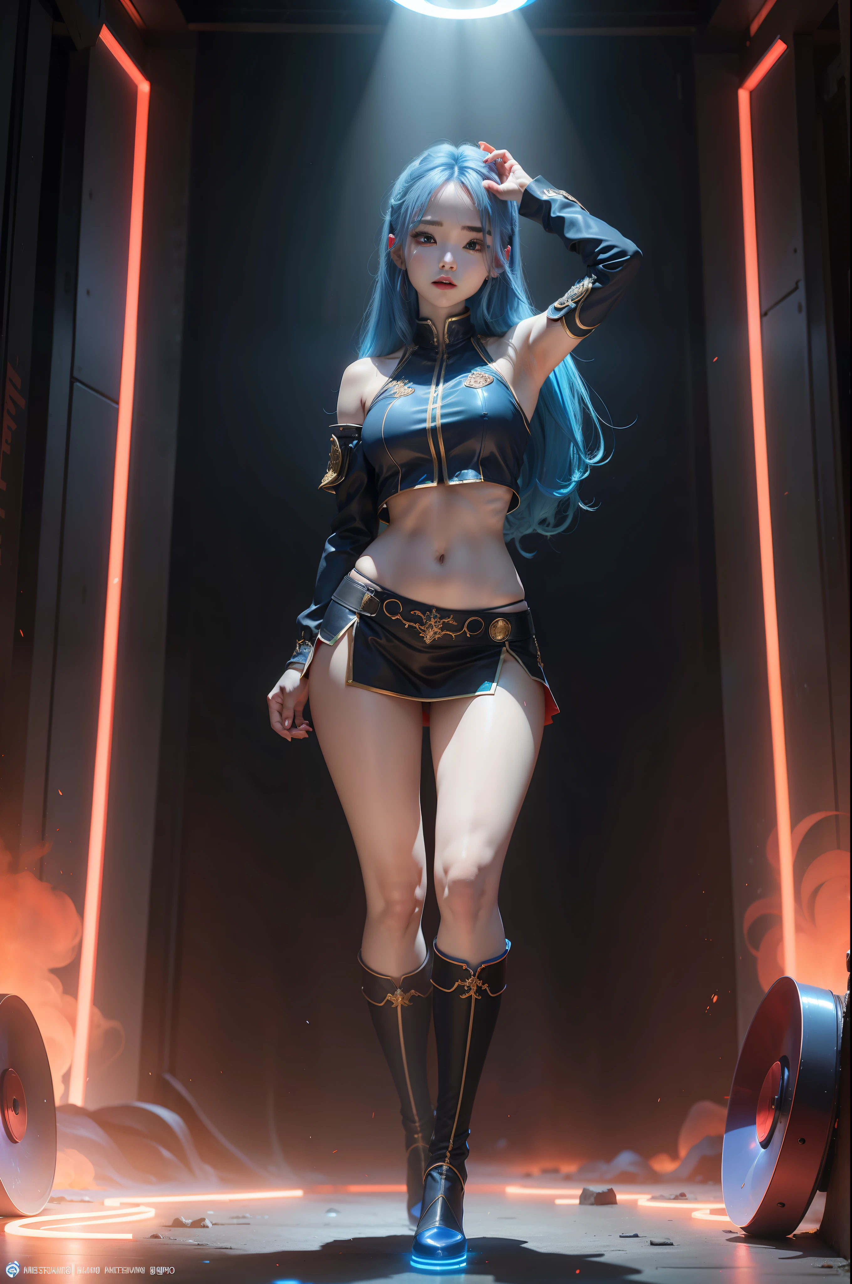 "Full body view of Kim Chaewon in a fantasy revealing outfit with blue hair highlighted by vibrant red lights. She is standing confidently, with a slight exposure of her midriff and a petite figure. The photo is captured in UHD 4K, exhibiting exquisite details."