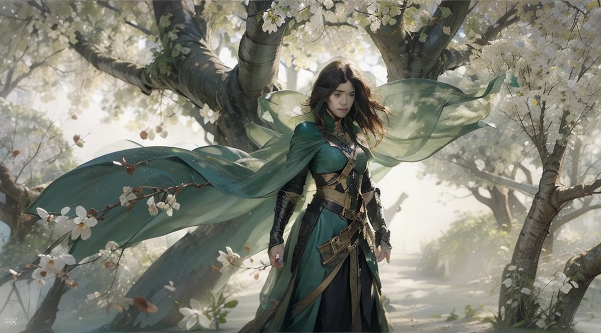 A woman alone in green queen armor standing under a cherry tree, uma bela rainha, fantasia, Rainha elfa bonita de cabelo preto e elegante, olhos verdes e com rosto bem detalhado, estilo de arte a oleo, Arte de fantasia 8k, fantasia de arte bem realista, elegant cinematic fantasy art, cenario fantastico.