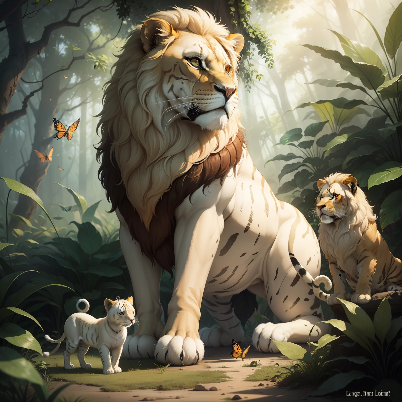 A lion in jungle with cute little white cat , flaying big butterflies in jungle