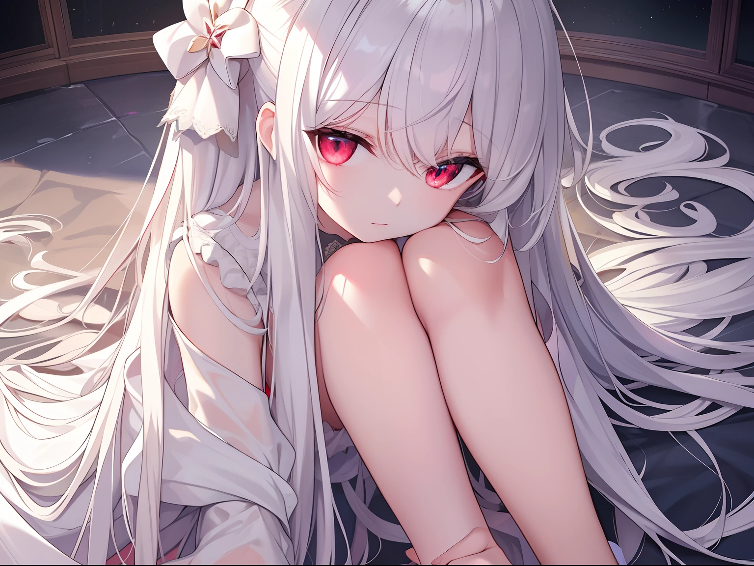 ((Masterpiece, Best quality))++, Detailed light+, Detail hair+, detail hand+ ,1girll, woman, Long hair, dark red eye, Beautiful eyes, Young gray hair,,(Beautiful white hair:1.5),(Beautiful detailed eyes), , high resolution+, Masterpiece, , Glass tones, Reflective eyes, {{Angle}} , extremelydetailedwallpaper, Original,full bodyesbian,Bedrooms,upper legs, Beth,starrysky,Issuing,,swim wears,,naturey