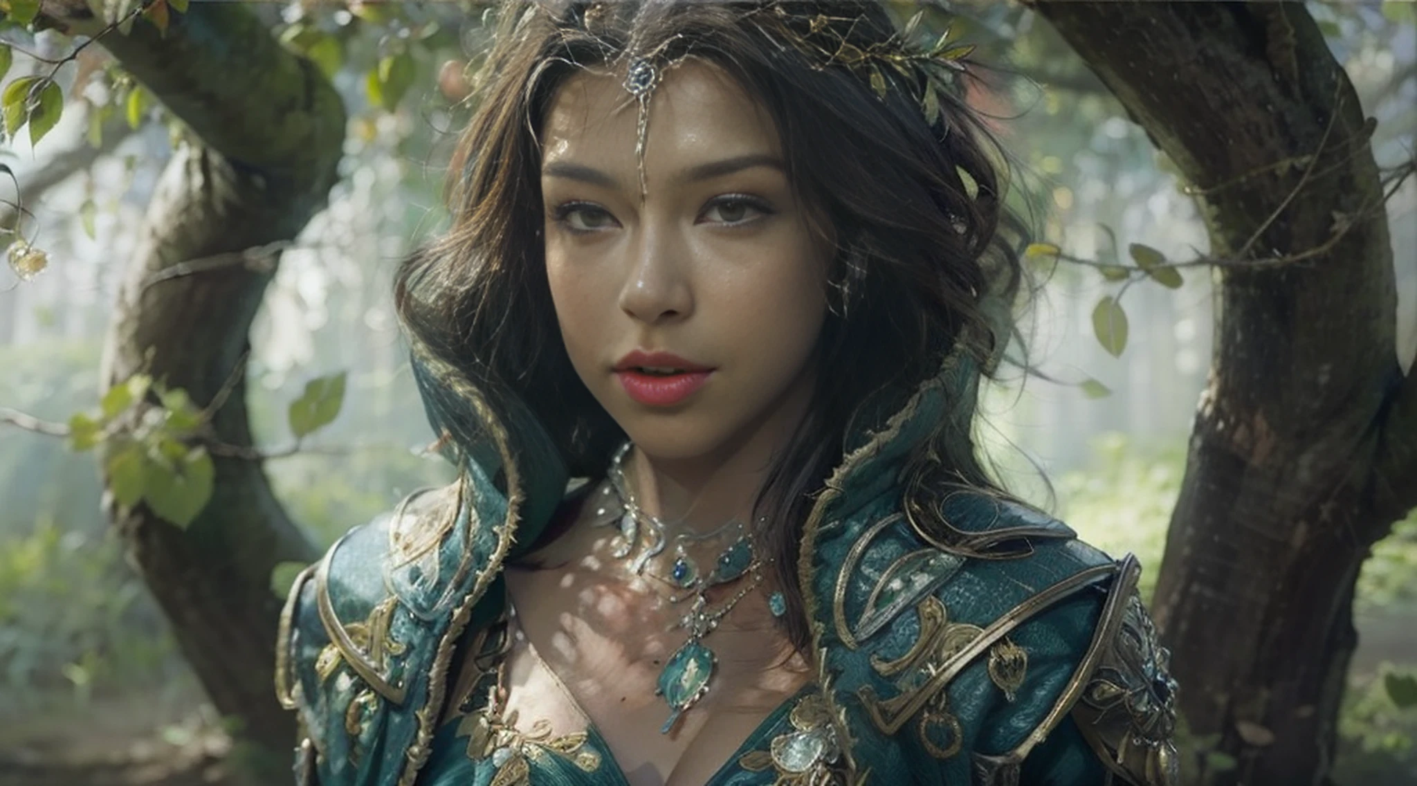 A woman alone in green queen armor standing under a cherry tree, uma bela rainha, fantasia, Rainha elfa bonita de cabelo preto e elegante, olhos verdes e com rosto bem detalhado, estilo de arte a oleo, Arte de fantasia 8k, fantasia de arte bem realista, elegant cinematic fantasy art, cenario fantastico.