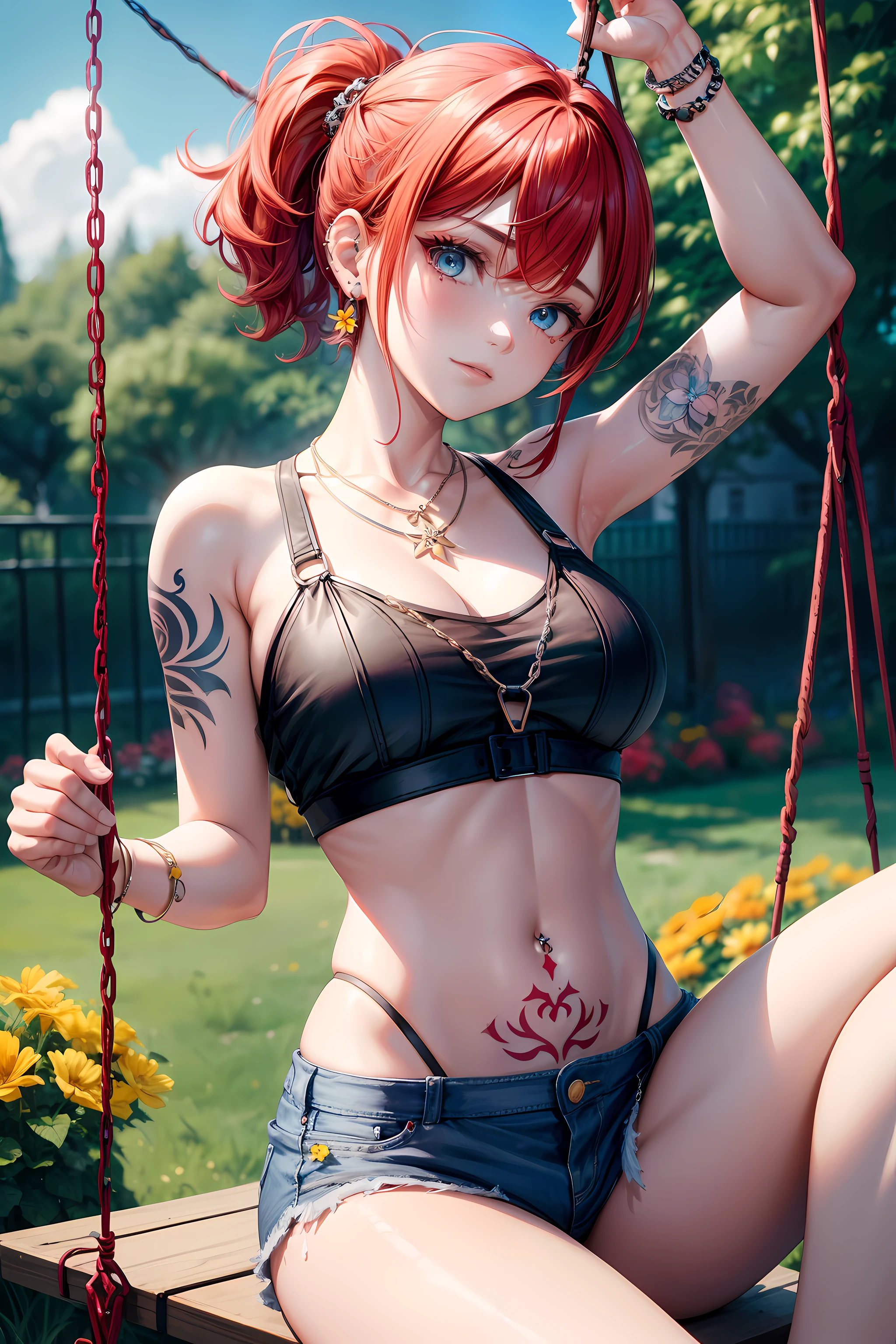 1 girl, solo, only one girl ,Short hair, red hair, short ponytail, blue eyes, necklace, piercings, hand tattoo, Garden, trees, swings, swinging, flowers, yellow flower garden, Swing, iron swing, afternoon, river, short vans, crop top, belly Tattoo, Big breasts, Tattoo on the stomach
