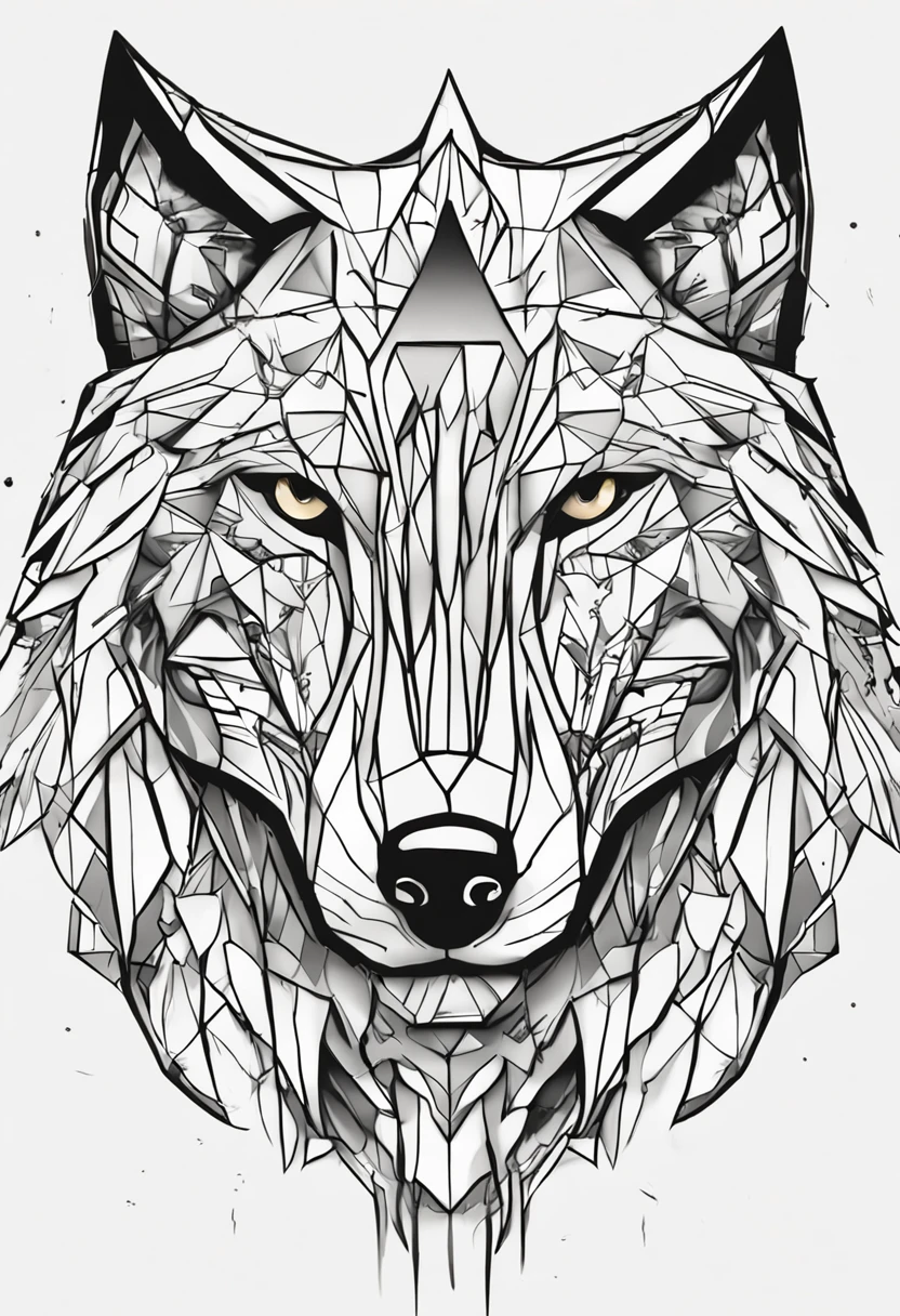 Geometric wolf with Psi sign on the forehead, with a serious and fierce expression in black and white realistic style