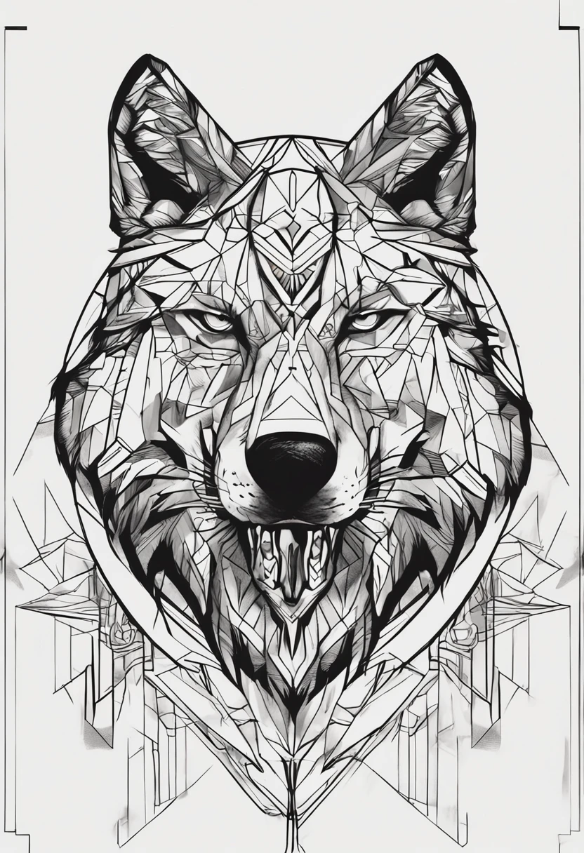 Geometric wolf with Psi sign on the forehead, with a serious and fierce expression in black and white realistic style
