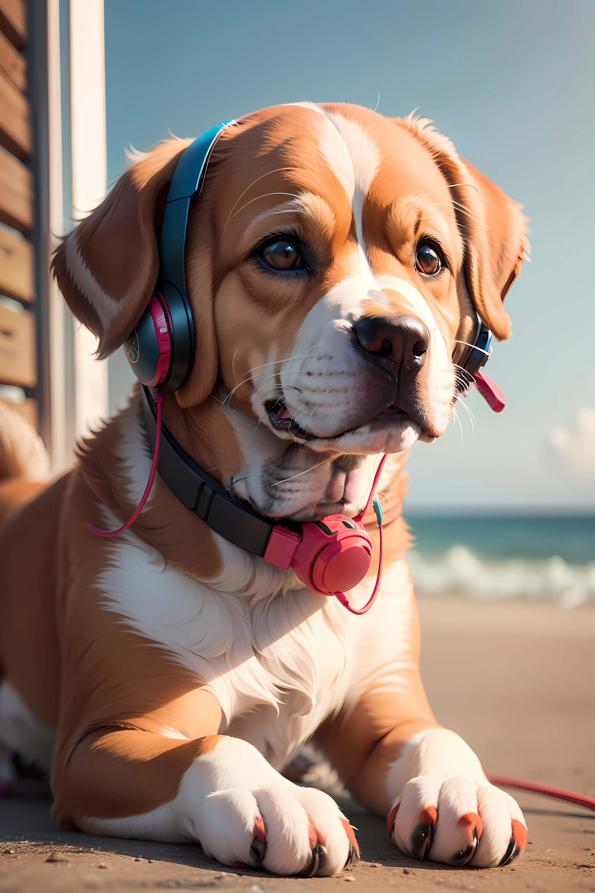 filhote de cachorro bem novinho, Beagle breed, sentado na vertical, Listening to music with red headset, estilo anos 80, parecendo sorrir