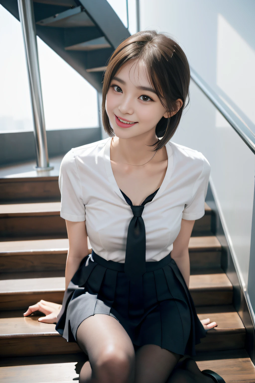 Korean school uniform、summer school uniform shirt、Tight shirt、Ribbon Ties、skirt by the、schools、stairs at school、Emphasize the chest with both arms、arms in arms、Slender and big、8K raw photos、A high resolution、age:18 、korean people、Incision eye、very large round breasts、Beautiful eyes finely detailed、long eyelasher、beautiful double eyelid、eyeline、largeeyes、Elongated eye shape、Sanpaku eyes、beautiful and thin legs、Beautiful slender thighs、Random Shorthair、Tie your hair behind your head、耳Nipple Ring、Light brown hair、(Wear pantyhose)、The thighs are pornographic、((Look up and smile))、Cesa、Bend your knees to touch