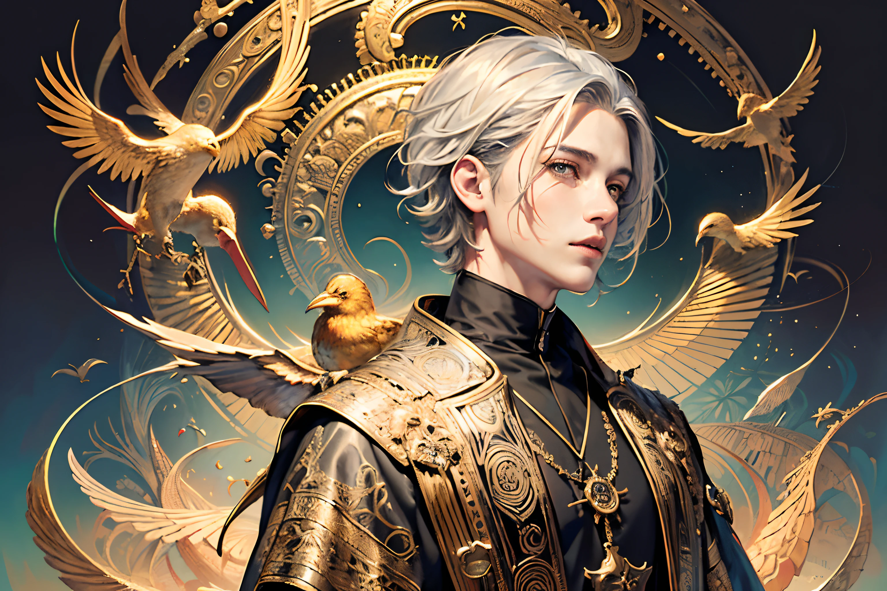 realistic, (masterpiece, top quality, best quality, official art, beautiful and aesthetic:1.2), extremely detailed,fractal art,colorful,highest detailed,zentangle,(abstract background:1.3)
fidus style, (1boy:1.3), (golden birds),
silver hair, bright eyes,hair slicked back, short hair, black robe,