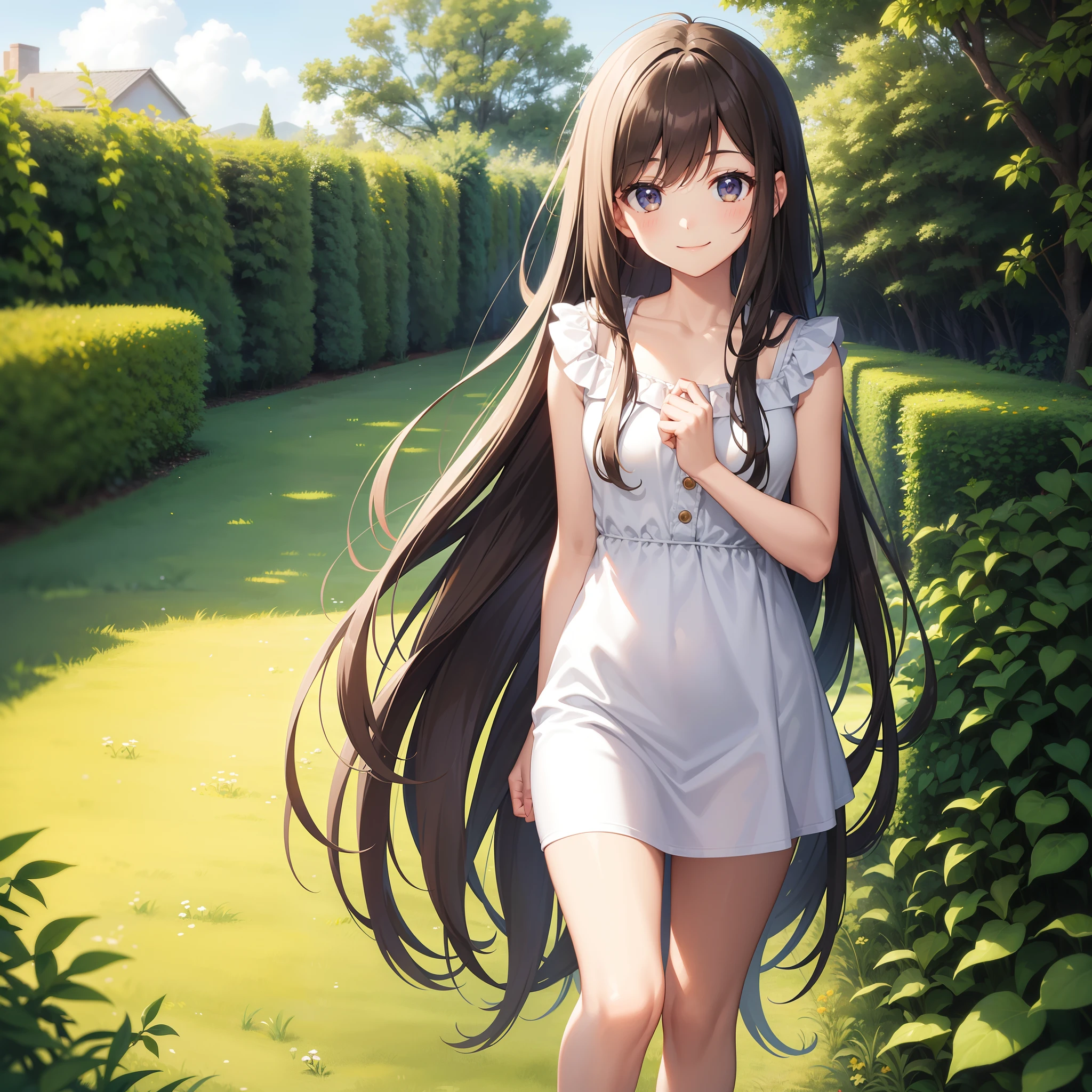 One girl, long hair, brown hair, greens eyes, walking in garden, smile, shy, half body