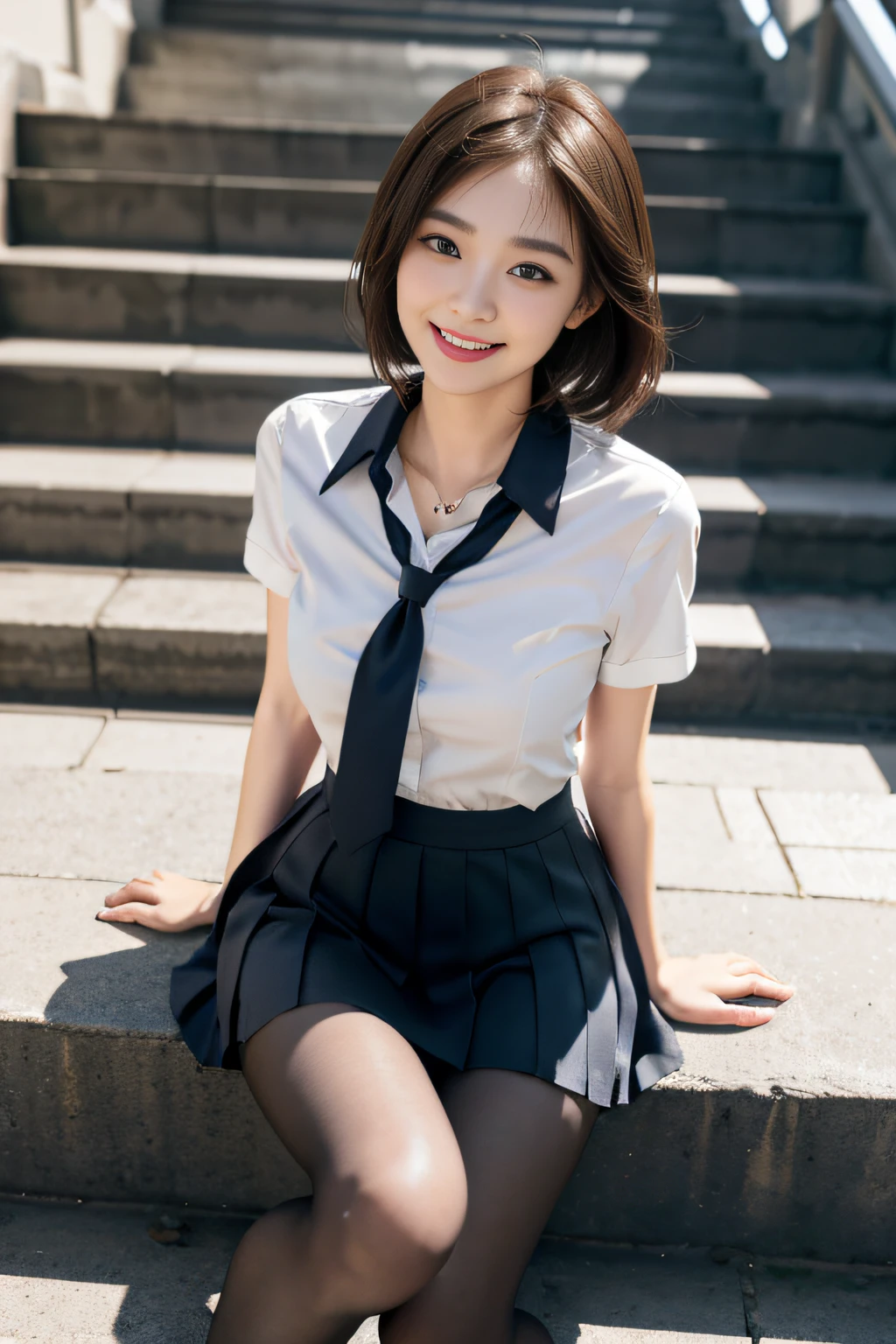 Korean school uniform、summer school uniform shirt、Tight shirt、Ribbon Ties、skirt by the、schools、stairs at school、Emphasize the chest with both arms、arms in arms、Slender and big、8K raw photos、A high resolution、age:18 、korean people、Incision eye、very large round breasts、Beautiful eyes finely detailed、long eyelasher、beautiful double eyelid、eyeline、largeeyes、Elongated eye shape、Sanpaku eyes、beautiful and thin legs、Beautiful slender thighs、Random Shorthair、Tie your hair behind your head、耳Nipple Ring、Light brown hair、(Wear pantyhose)、The thighs are pornographic、((Look up and smile))、Cesa、Bend your knees to touch