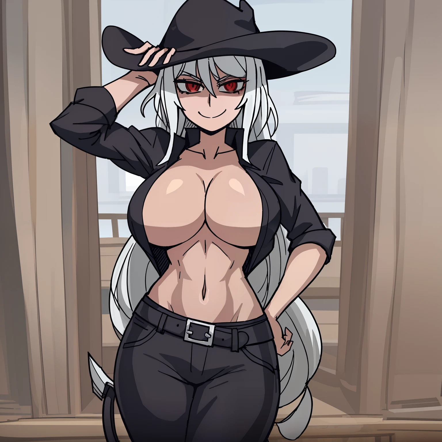 2d, masterpiece, best quality, highly detailed eyes, highly detailed face, cowboy shot, feet out of frame, 1girl, solo, standing, helltaker, black cropped shirt, white hair, long hair, curvy hair, red eyes, looking at viewer, smile, straight-on, big breasts, wide hips, thin waist, light skin, abs