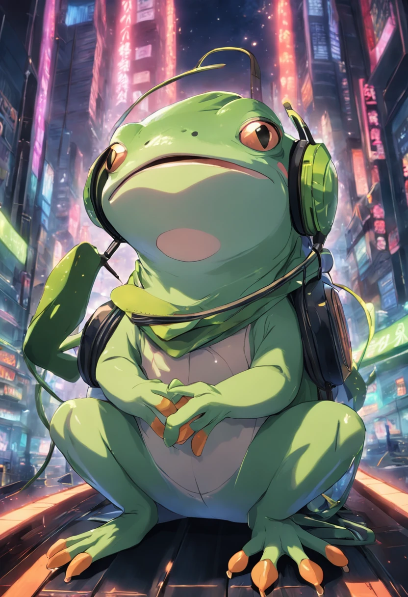 A masterpiece green frog with headphones, fatness