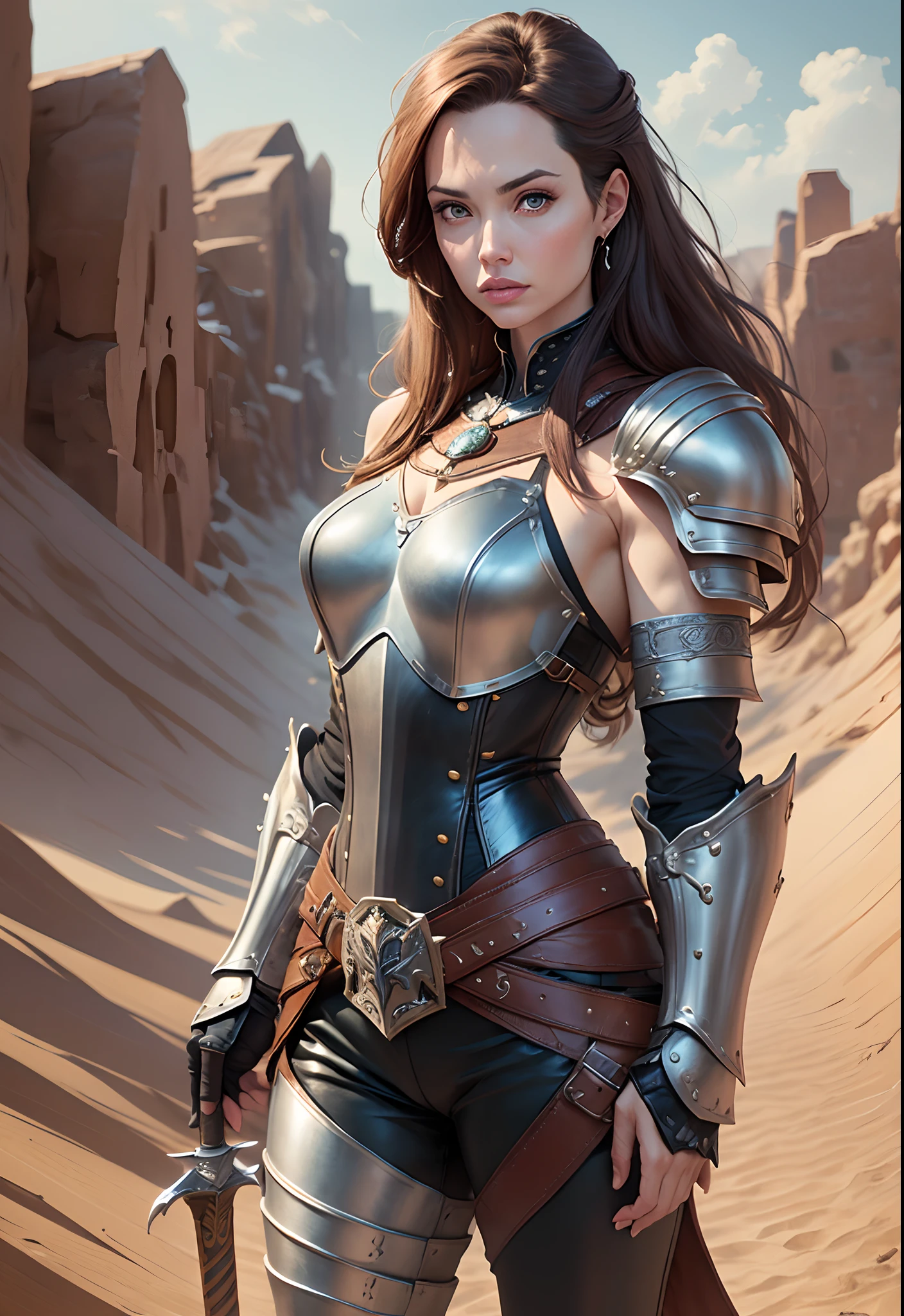 Angelina Jolie (knight holding a sword, on a desert place), looking at viewer, ((wearing a leather pants, cuirass, gorget, pauldron, couter, vambrace, gauntlets, cuisses, greaves, sabatons, poleyn, tasses, plackard, rerebrace, breastplace, faulds, scabbard, gardbrace, shoulder_armor)) --auto --s2