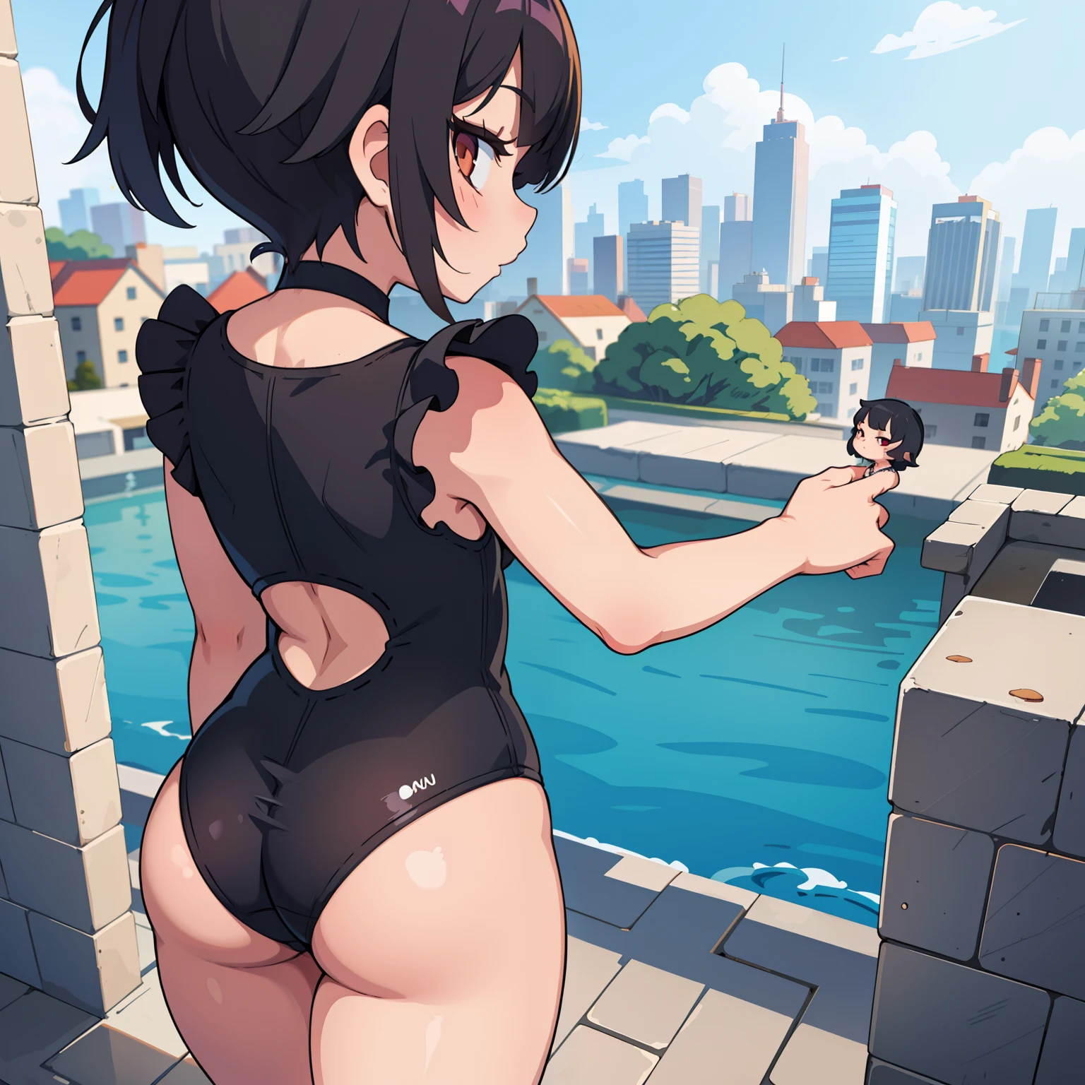 emo loli from the back looking at the city, black swimsuit, short hair, small curvy loli