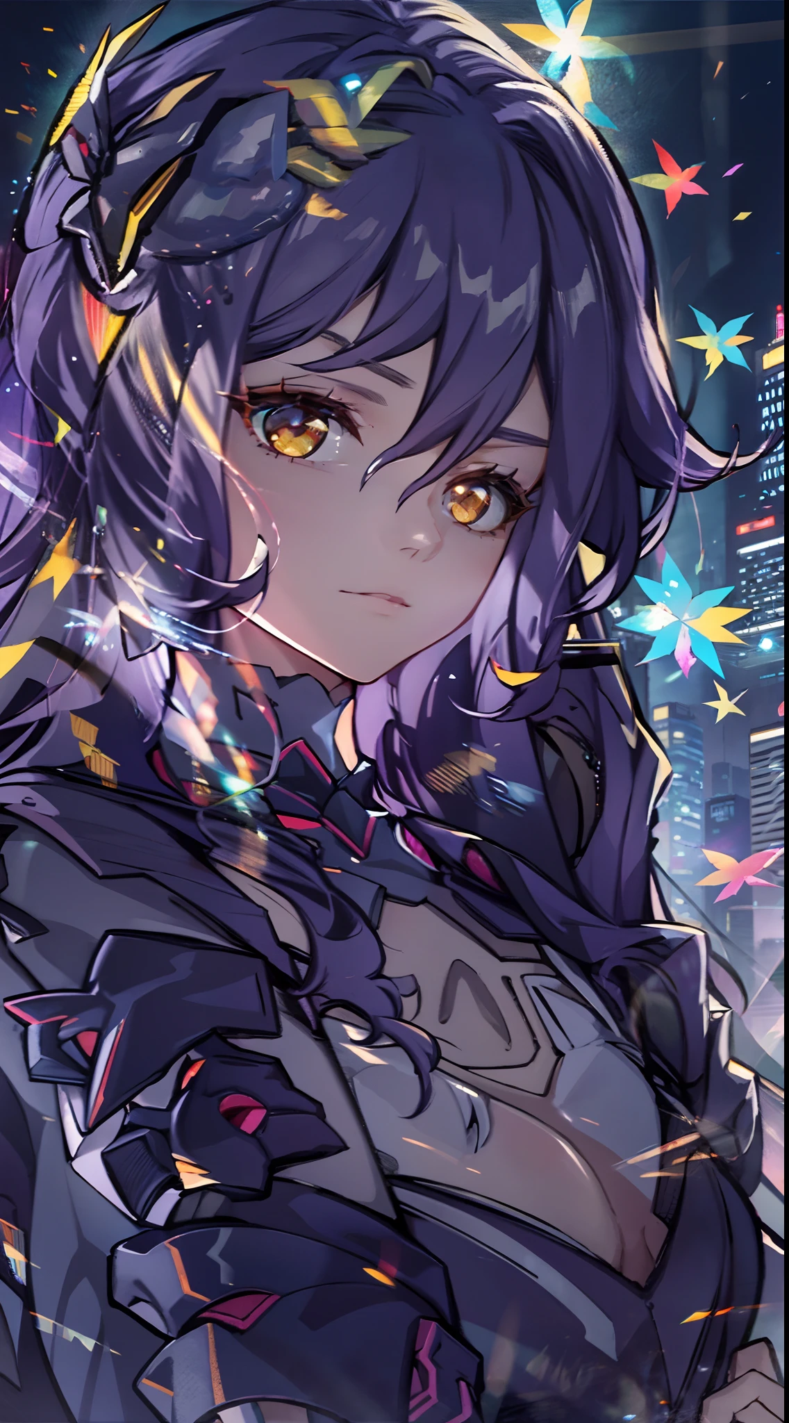 Noite, Fundo colorido da cidade cyberpunk, menina de rua, sirin,honkai impact, olhos azuis, olhos brilhantes, Meias pretas, retroiluminado, brilhar, Surveying the audience, Low angle lens, olhando para cima lente, perfect composition, delicadeza perfeita de luz e sombra, 8k