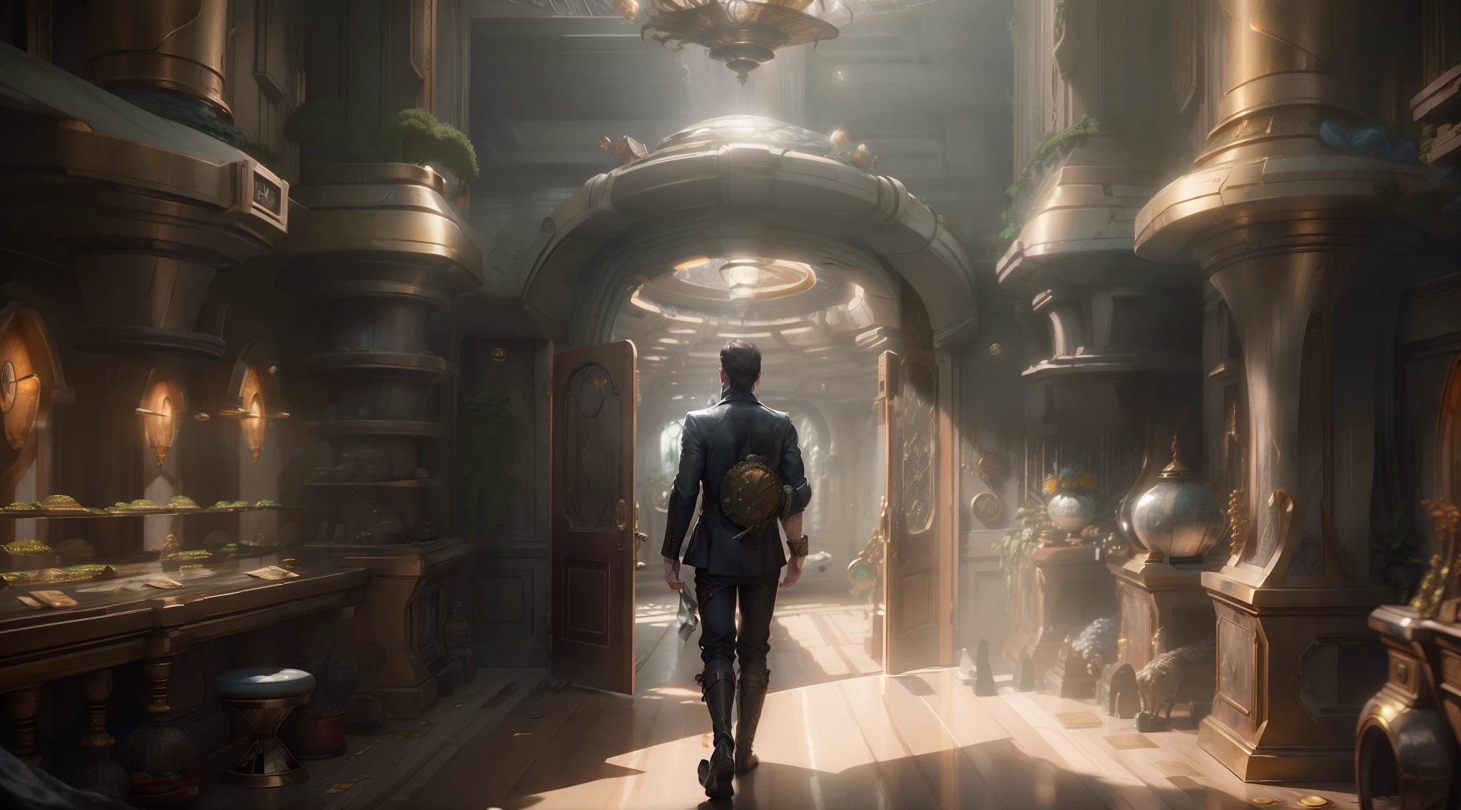 In a dimly lit underground vault, a man finds himself surrounded by the cold steel walls of a bank vault. The air is tinged with the faint scent of metal and dust, and a low hum of ventilation provides the only constant sound. Stacks of currency, both crisp bills and weathered notes, lay strewn across the floor, creating an opulent mosaic of wealth at his feet. The flickering light from an overhead bulb casts eerie shadows across the room, giving the scene an almost surreal quality.
Against one wall, towering shelves stretch upward, their polished surfaces gleaming like mirrors. These shelves are lined with neat rows of safety deposit boxes, each door sporting a unique combination of numbers and letters. Some of the boxes stand open, revealing their contents—diamond-studded watches, glinting gold bars, and precious gemstones that catch the light and send colorful reflections dancing around the room.
The man's footsteps echo as he paces among the riches, his fingers brushing against the cool, smooth edges of the money stacks. The crisp notes crinkle faintly beneath his touch, a tangible reminder of the overwhelming fortune surrounding him. A leather duffle bag sits discarded on the ground, its zipper half-open as if it couldn't contain the sheer abundance of wealth it was meant to hold.
As the man moves, his gaze is drawn to a heavy steel door on the far side of the room. It stands slightly ajar, revealing a tantalizing glimpse of the vault's entrance—an imposing circular door with intricate gears and locking mechanisms. The vault's history is palpable, its weighty presence evoking both the security and secrecy it was designed to uphold.
In this surreal tableau, the man's emotions are a mix of awe, excitement, and perhaps a hint of trepidation. He stands alone within this haven of riches, a modern-day Midas with the world's wealth at his fingertips, yet surrounded by the very symbols of security that keep it all confined, in a modern bank.