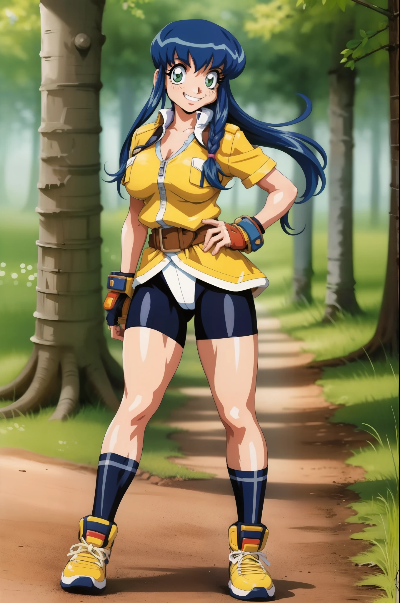 lime,spandex,green eyes,fingerless gloves,1990s (style),blue hair,retro artstyle,long hair,yellow bandana,bike shorts, full body, walking, forest,smile, medium breast