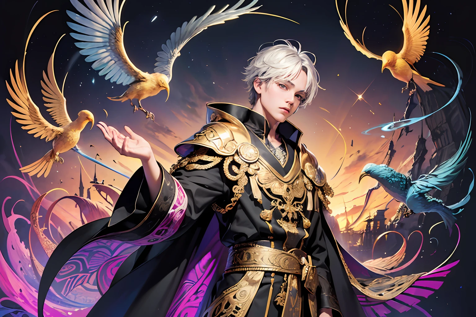 realistic,  (masterpiece, top quality, best quality, official art, beautiful and aesthetic:1.2), extremely detailed,fractal art,colorful,highest detailed,zentangle,(abstract background:1.3)
 fidus style, (1boy:1.3), (golden birds),
silver hair, bright eyes,hair slicked back, short hair, black robe,