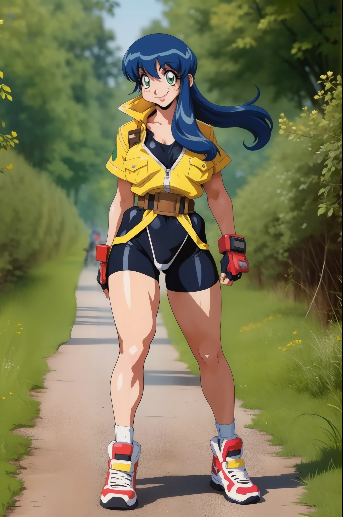 lime,spandex,green eyes,fingerless gloves,1990s (style),blue hair,retro artstyle,long hair,yellow bandana,bike shorts, full body, walking, forest,smile, medium breast