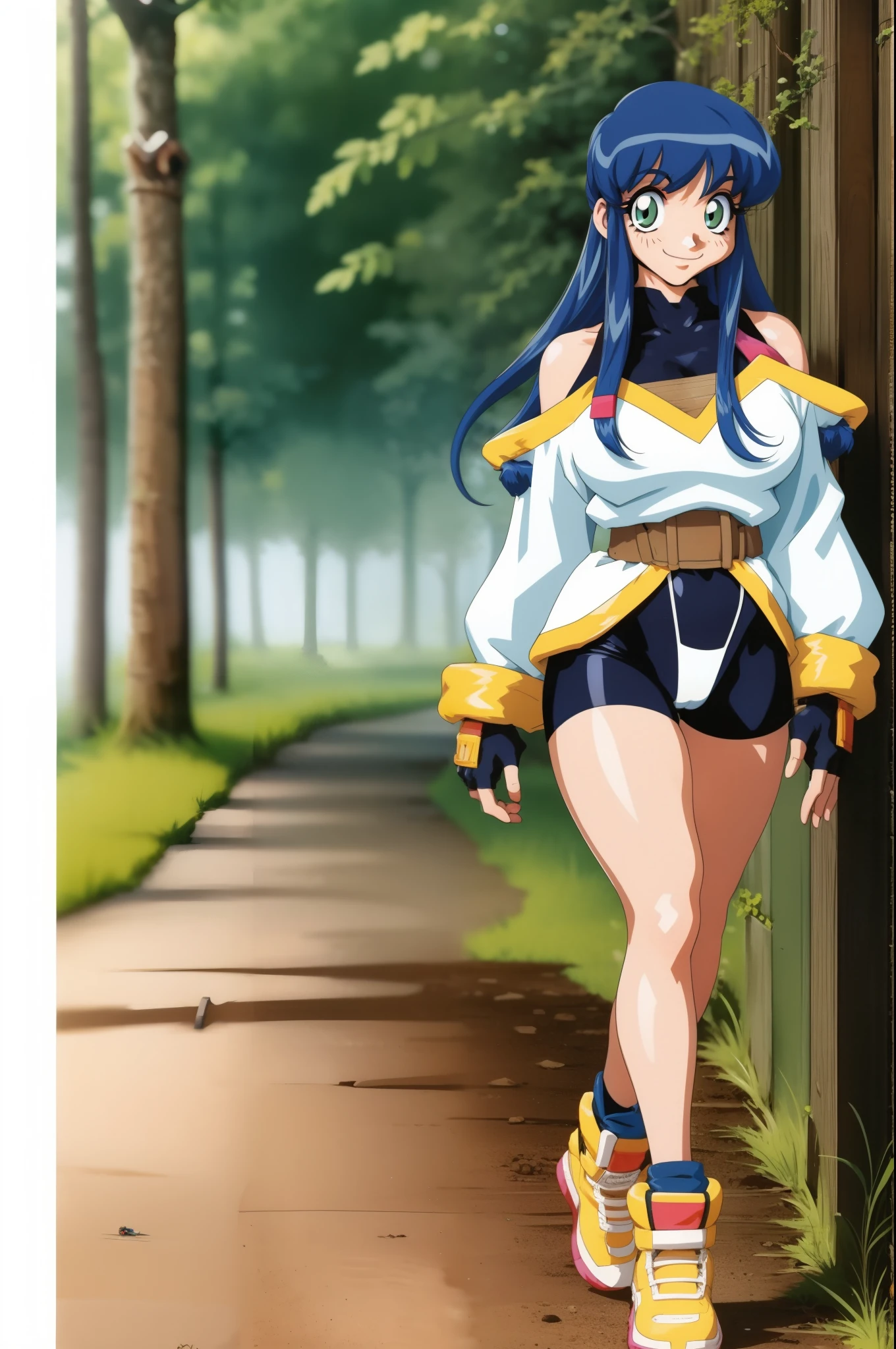 lime,spandex,green eyes,fingerless gloves,1990s (style),blue hair,retro artstyle,long hair,yellow bandana,bike shorts, full body, walking, forest,smile, medium breast