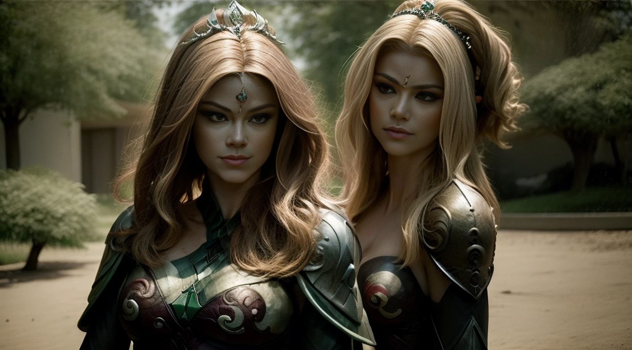 A woman alone in green queen armor standing under a cherry tree, uma bela rainha, fantasia, Rainha elfa bonita de cabelo preto e elegante, olhos verdes e com rosto bem detalhado, estilo de arte a oleo, Arte de fantasia 8k, fantasia de arte bem realista, elegant cinematic fantasy art, cenario fantastico.
