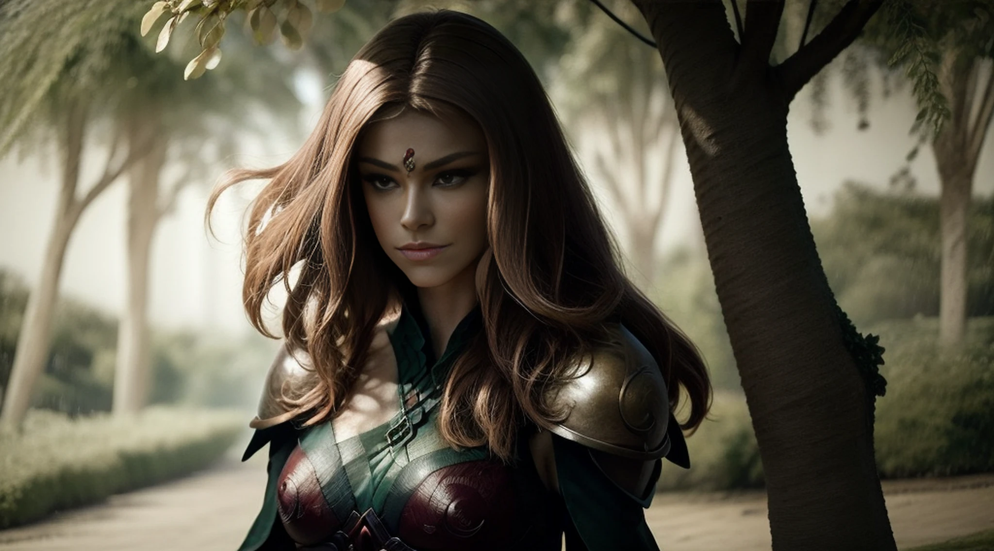 A woman alone in green queen armor standing under a cherry tree, uma bela rainha, fantasia, Rainha elfa bonita de cabelo preto e elegante, olhos verdes e com rosto bem detalhado, estilo de arte a oleo, Arte de fantasia 8k, fantasia de arte bem realista, elegant cinematic fantasy art, cenario fantastico.