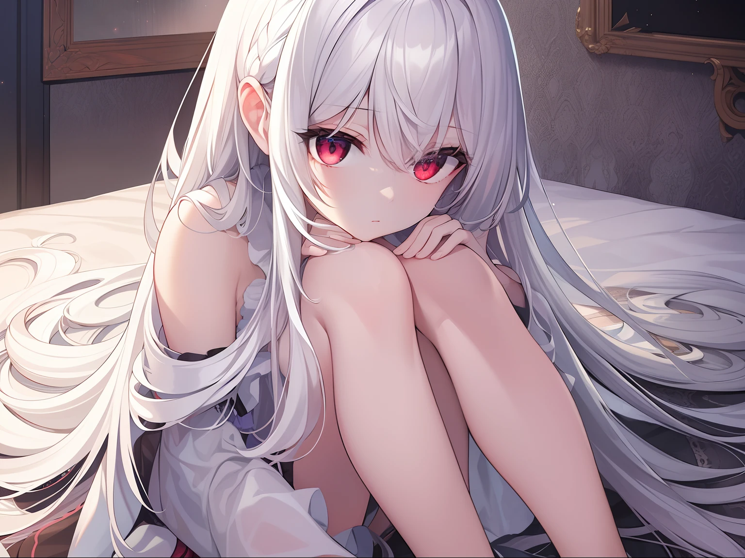 ((Masterpiece, Best quality))++, Detailed light+, Detail hair+, detail hand+ ,1girll, woman, Long hair, dark red eye, Beautiful eyes, Young gray hair,,(Beautiful white hair:1.5),(Beautiful detailed eyes), , high resolution+, Masterpiece, , Glass tones, Reflective eyes, {{Angle}} , extremelydetailedwallpaper, Original,full bodyesbian,Bedrooms,upper legs, Beth,starrysky,Issuing,,swim wears,,naturey