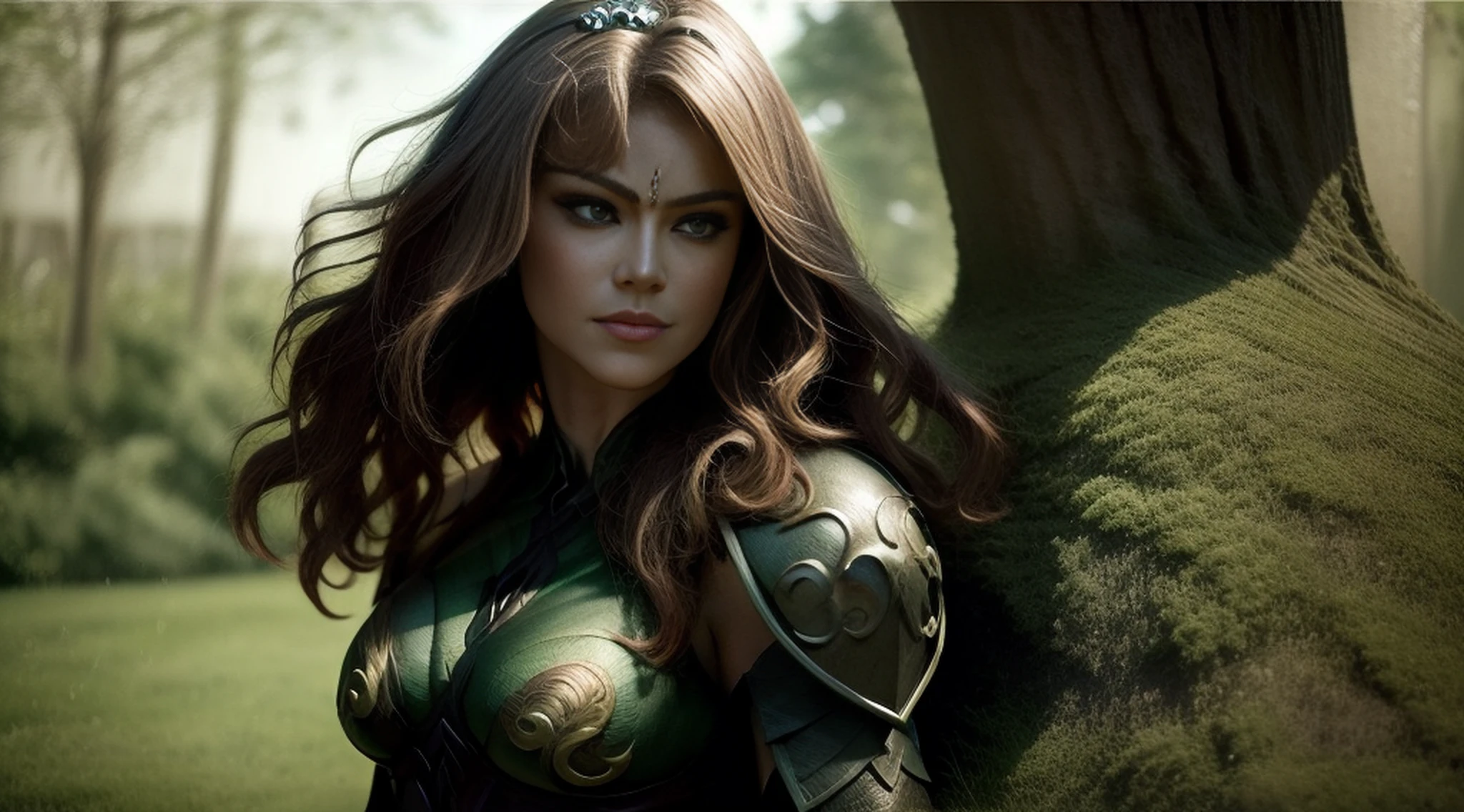A woman alone in green queen armor standing under a cherry tree, uma bela rainha, fantasia, Rainha elfa bonita de cabelo preto e elegante, olhos verdes e com rosto bem detalhado, estilo de arte a oleo, Arte de fantasia 8k, fantasia de arte bem realista, elegant cinematic fantasy art, cenario fantastico.