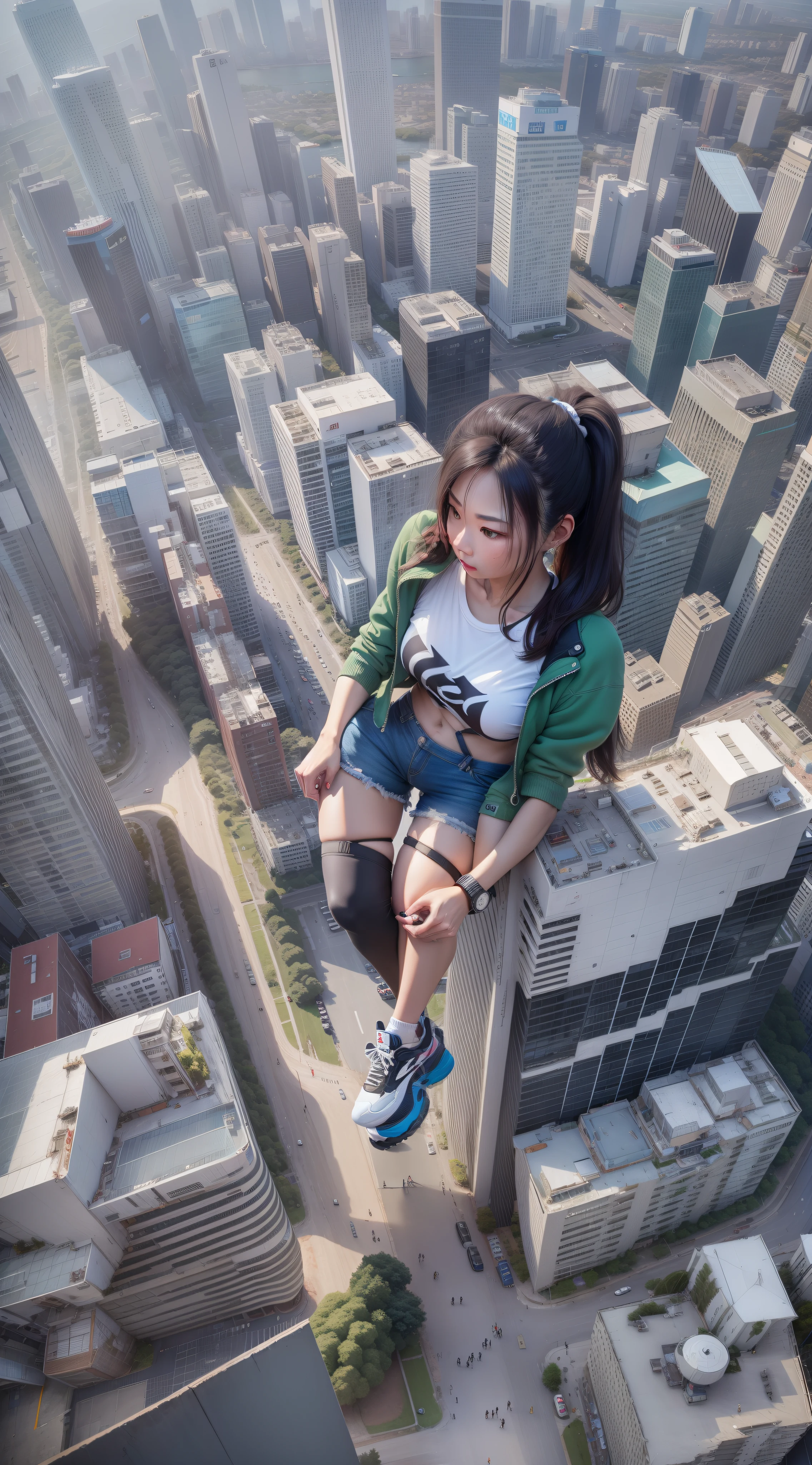 Parkour, Free running, Exhibitionism, One Splatoon girl, Selfie, Fisheye Lens, Look down, on top of the world&#39;s tallest building, , Sweat,  Golden Eyes、Golden tentacle hair、smile、Real Anime、3d、masterpiece、Highest quality、High resolution、