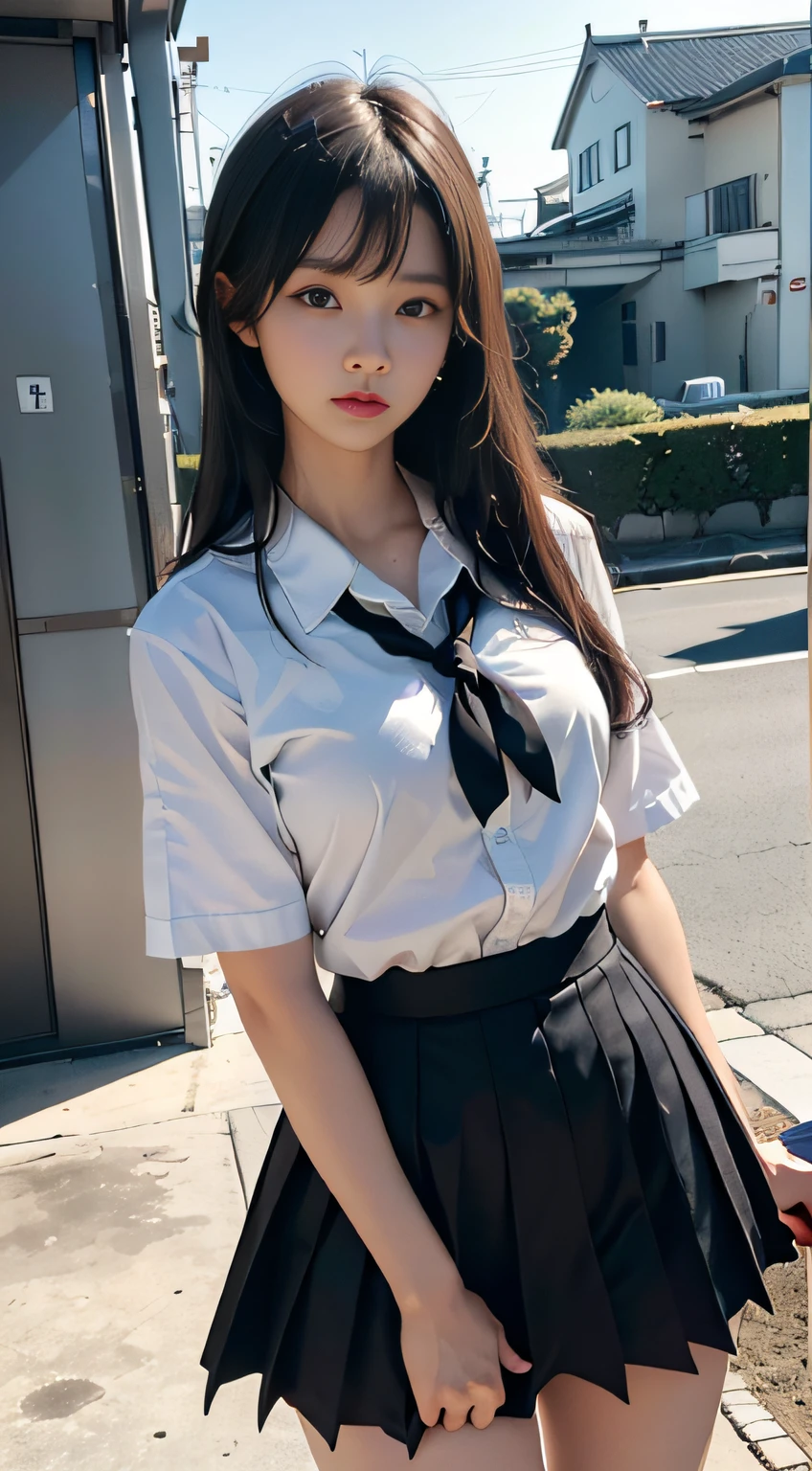 (8K, RAW photography, top-quality, tmasterpiece:1.2),  A woman who is、18 year old Japan,full bodyesbian.{Movie Angle、wide angles}（Realistic skin 1.4）、（（（female high-school student、School uniforms、）））、{{{Batting Center 1.4、Hold Bat 1.4、Hold the bat with both hands}}}（（School uniforms、Cut the shirt、pleatedskirt、pump、））、50mm lens、30 mm film、wide angles、（Long、hair straight、Smooth black hair）、（brunette color hair、The forehead is covered by bangs、）、Black eyes、shiny skins.beautiful delicate face、Beautiful delicate eyes、｛smallunderboob、Sexy body type、Thick thighs｝、Make a hole in each ear、