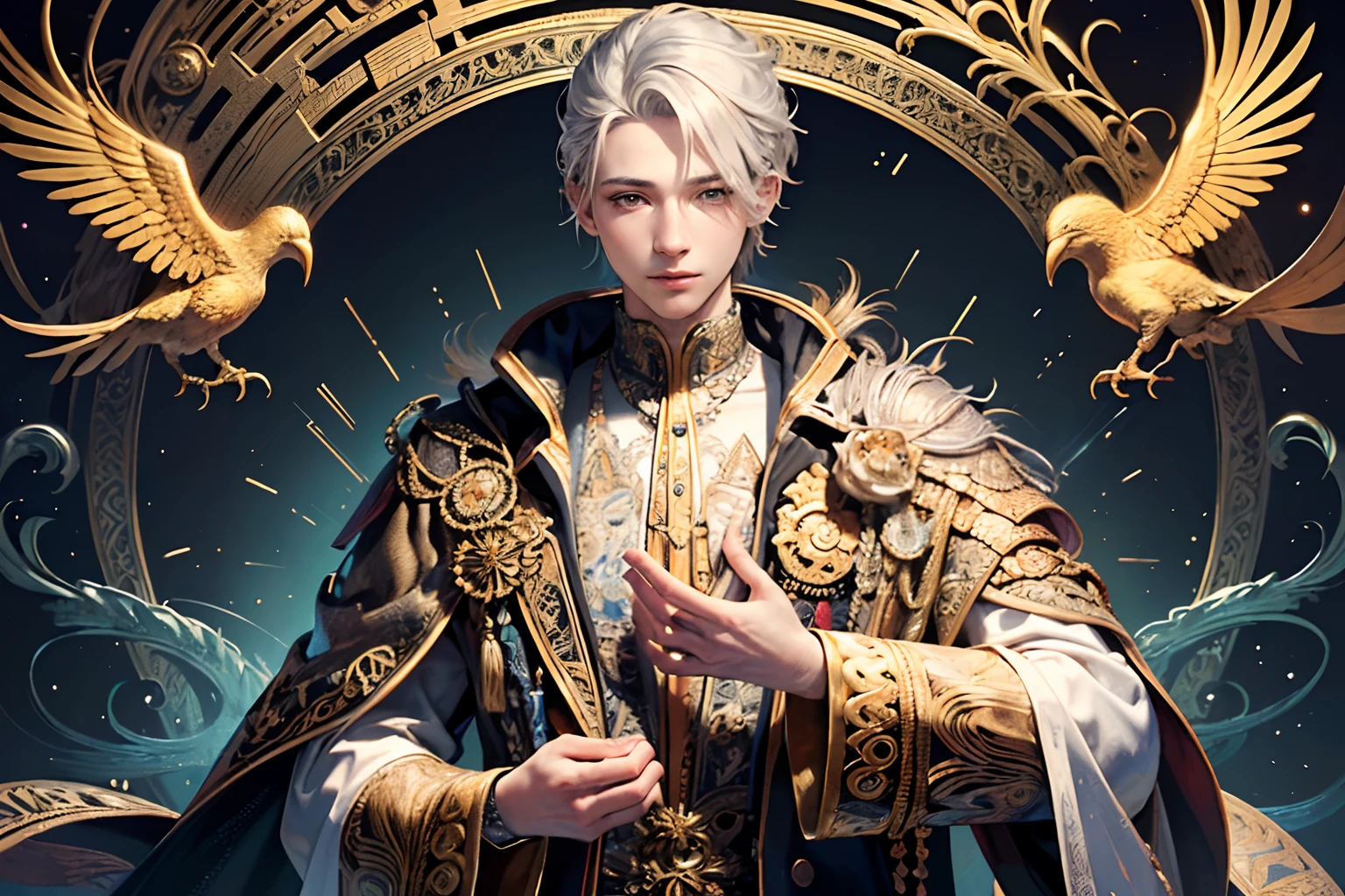 realistic, (masterpiece, top quality, best quality, official art, beautiful and aesthetic:1.2), extremely detailed,fractal art,colorful,highest detailed,zentangle,(abstract background:1.3)
fidus style, (1boy:1.3), (golden birds),
silver hair, bright eyes,hair slicked back, short hair, black robe,