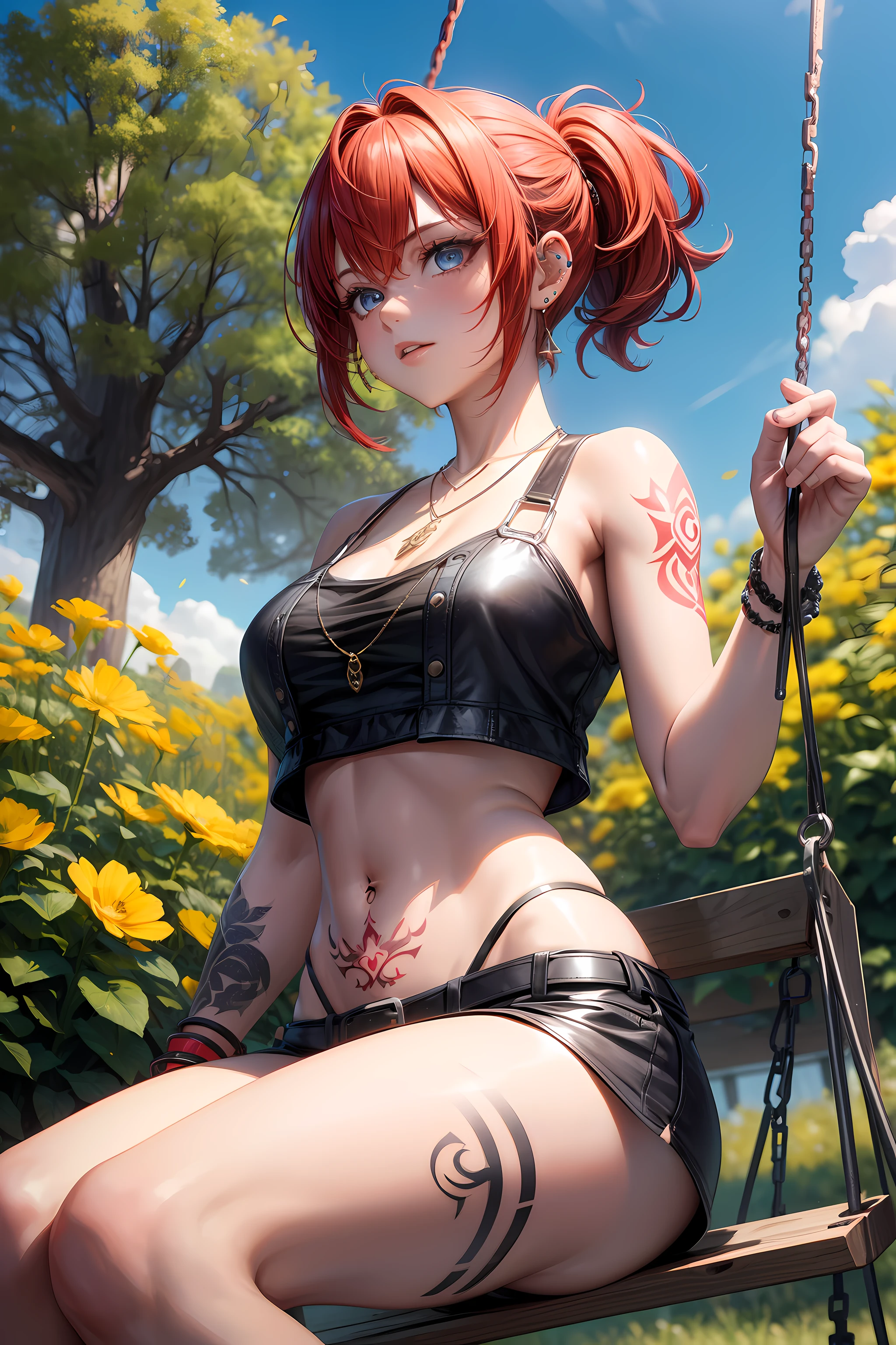 1 girl, solo, only one girl ,Short hair, red hair, short ponytail, blue eyes, necklace, piercings, hand tattoo, Garden, trees, swings, swinging, flowers, yellow flower garden, Swing, iron swing, afternoon, river, short vans, crop top, belly Tattoo, Big breasts, Tattoo on the stomach
