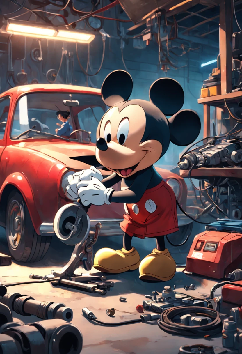 A masterpiece Mickey Mouse as a Mechanic fixing a car, HD