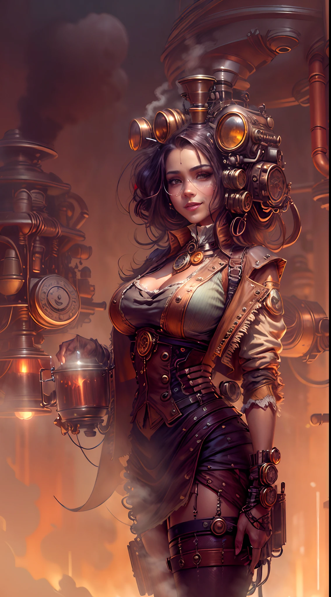 There's a sexzy indian 1woman with a steam-powered dusky skin, with big boobs,Royal look,helmet, arte conceitual steampunk, sexzy full body view top to bottom, stsnding in backview turning camera, random camera anhle,dark smoke fog background,arte steampunk digital, arte steampunk de alta qualidade, Wojtek FUS, arte digital steampunk, detailed wild steampunk illustration, Portrait of a gold and copper mechanical woman, arte steampunk, estilo de arte dieselpunk, cyberpunk steampunk, estilo de fantasia steampunk, Arte digital altamente detalhada em 4k, sci-fi steampunk