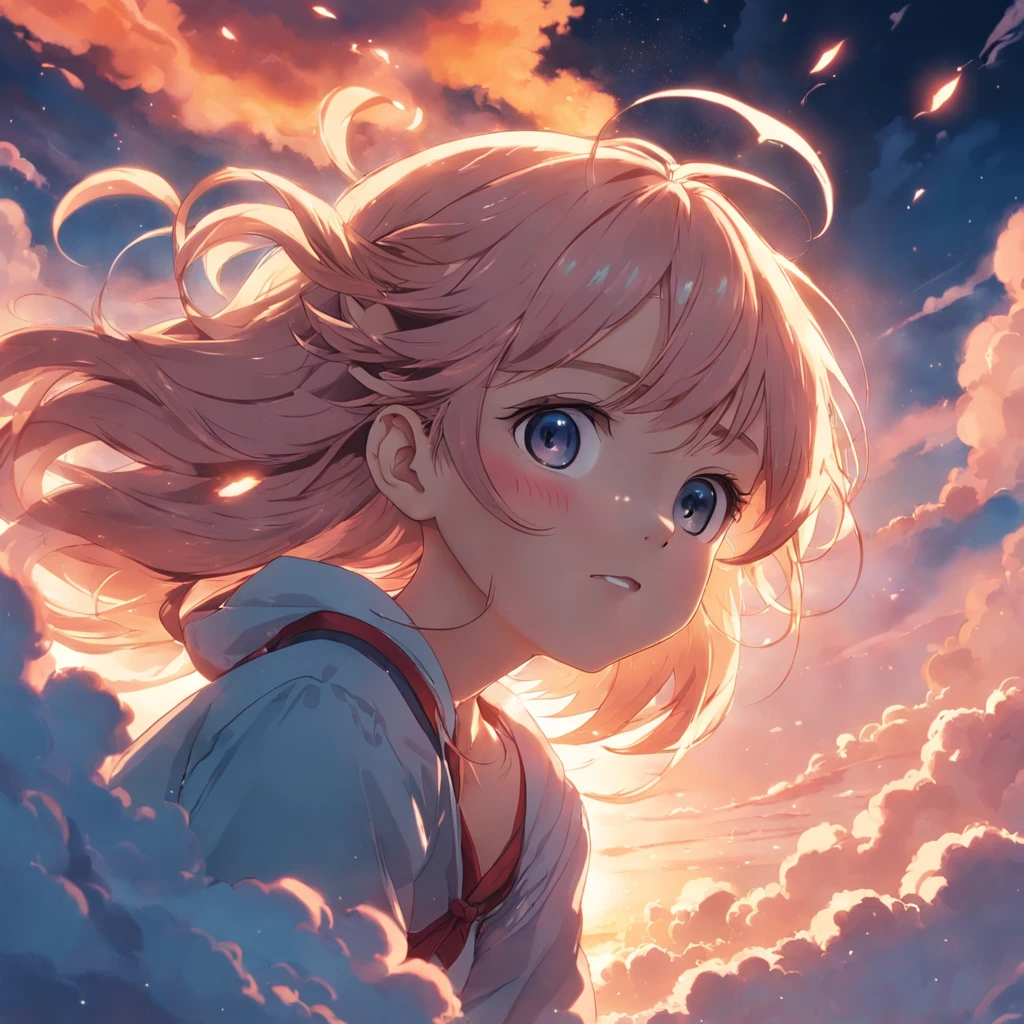 masterpiece, best quality, movie still, 1girl, cloud girl, floating in the sky, close-up, bright, happy, warm soft lighting, sunset, (sparks:0.7)