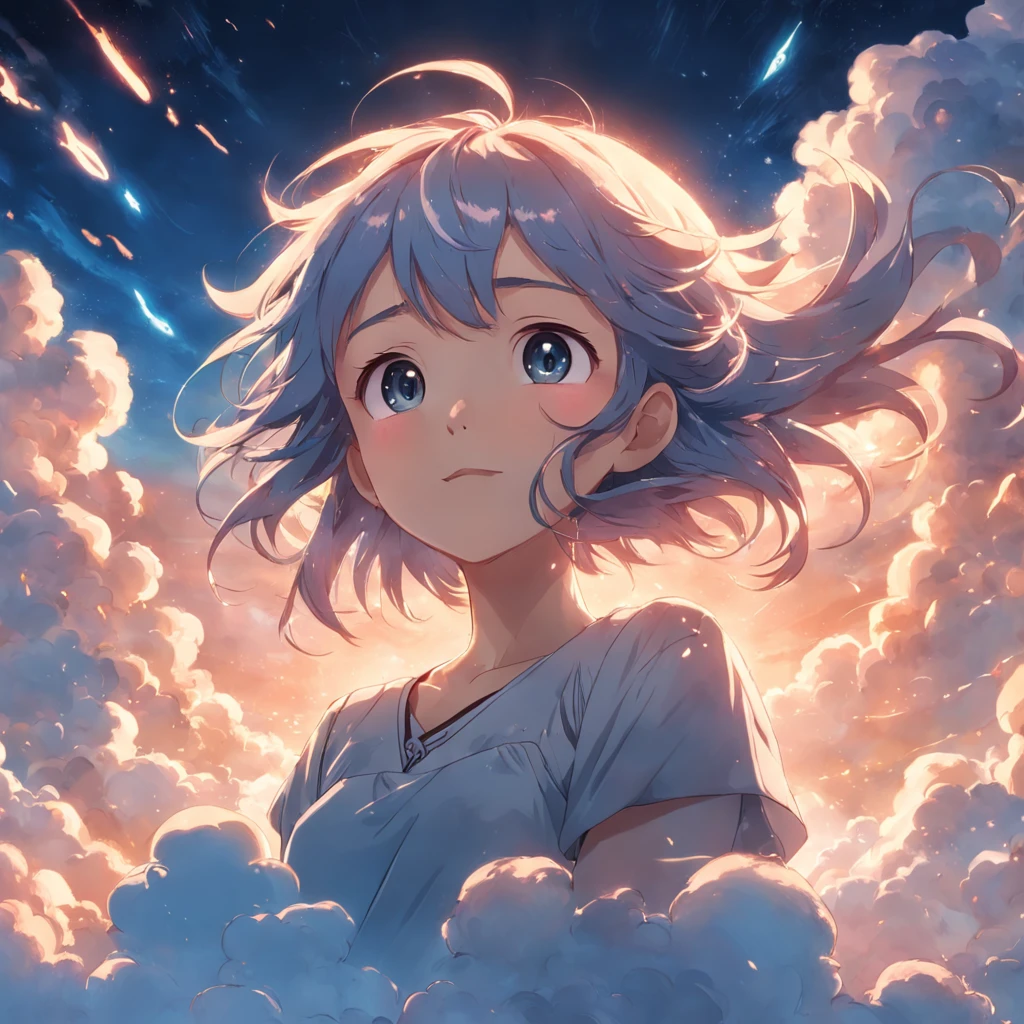masterpiece, best quality, movie still, 1girl, cloud girl, floating in the sky, close-up, bright, happy, warm soft lighting, sunset, (sparks:0.7)
