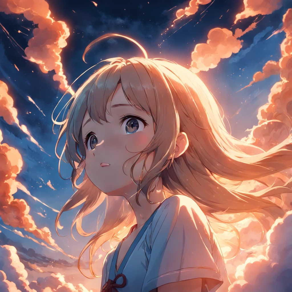 masterpiece, best quality, movie still, 1girl, cloud girl, floating in the sky, close-up, bright, happy, warm soft lighting, sunset, (sparks:0.7)