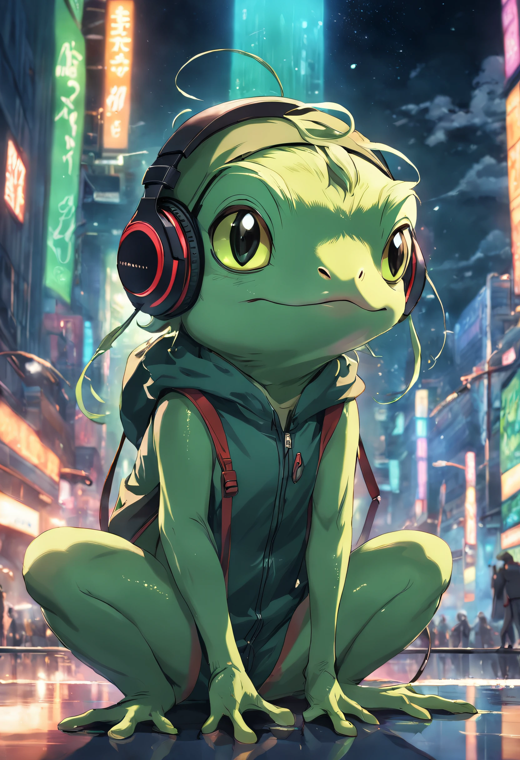 A masterpiece Green frog with headphones, HD