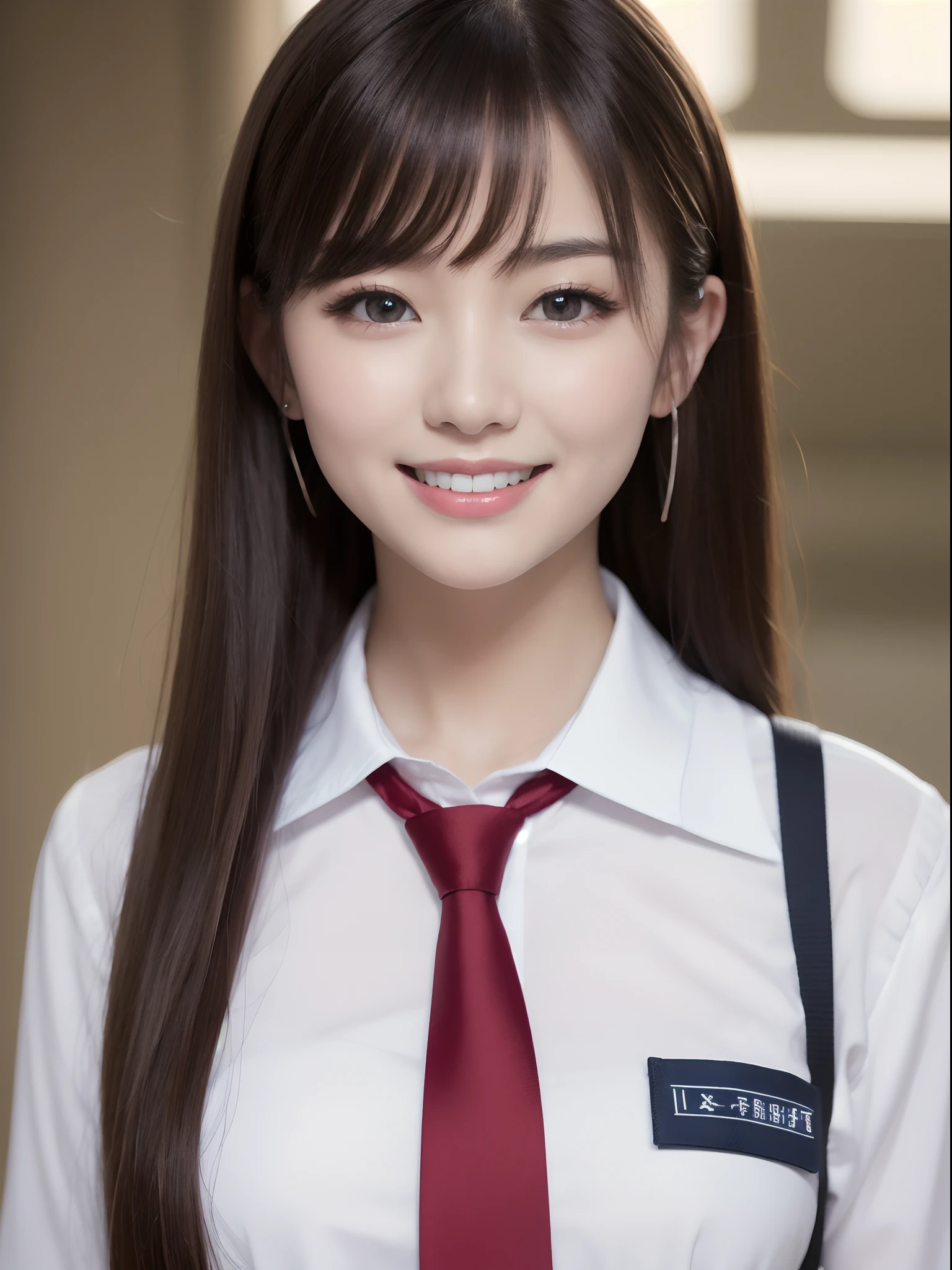 portlate、Japan School Sailor Uniform、red necktie、bright expression、poneyTail、Young shiny shiny white shiny skin、Best Looks、Blonde reflected light、Platinum blonde hair with dazzling highlights、shiny light hair,、Super long silky straight hair、Beautiful bangs that shine、Glowing crystal clear attractive big blue eyes、Very beautiful lovely cute 18 year old woman、Lush bust、Smiling happily