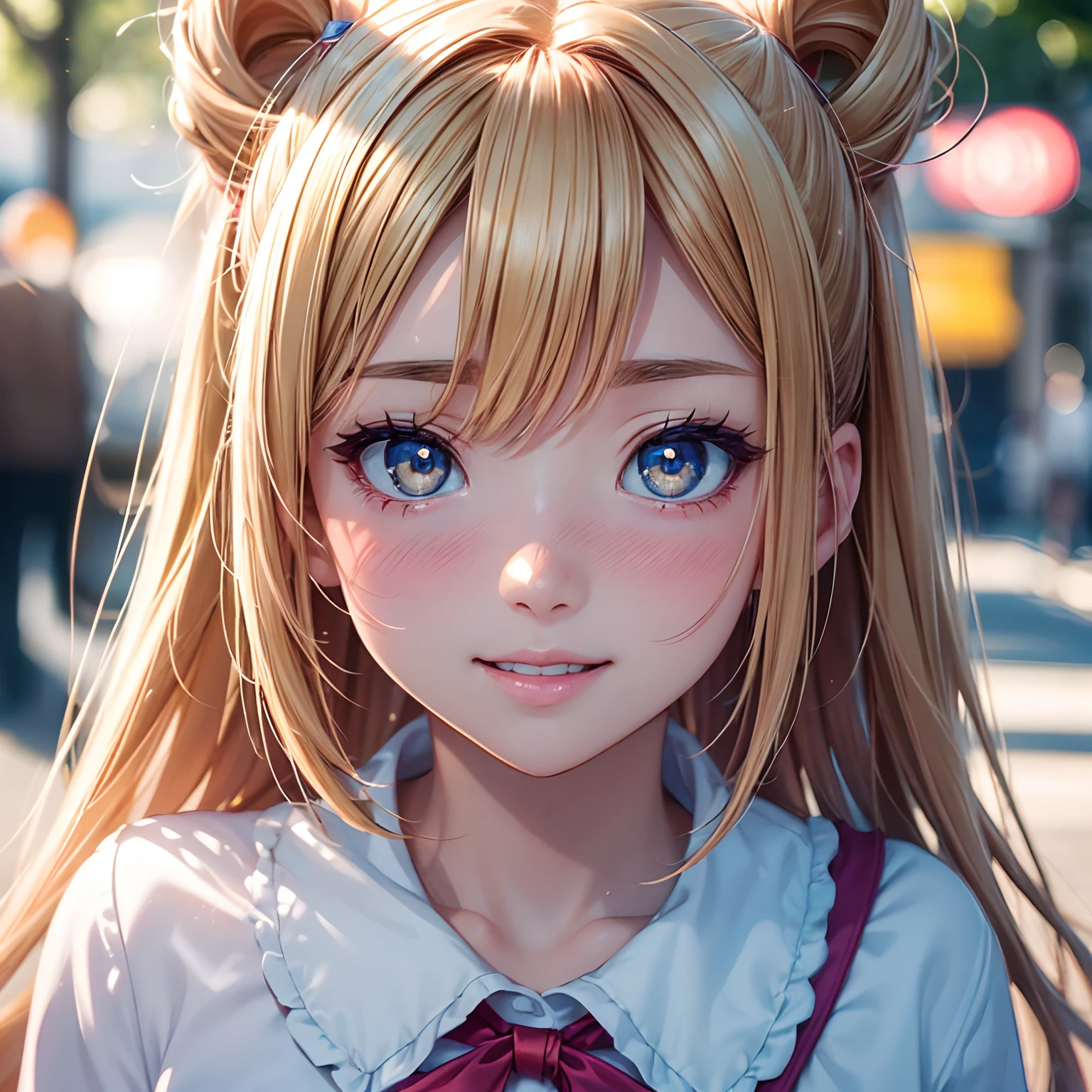 (masterpiece:1.1), (best quality:1.1), (anime screencap:1.1) of (1girl in the street, heart eyes, 😍, blushing, smiling wide, open mouth, pink, yellow, light yellow, azure, big eyes, looking at the viewer, white coat:1), crepuscular rays, (pouty lips, portrait, close up), (crisp:1.1), (ultra detailed), centered, colorful, glowing, (depth of field), finely detailed, (edge detection:1), (120mm), beautiful eyes, (natural lighting:1.1), fine art, creative, face, bokeh