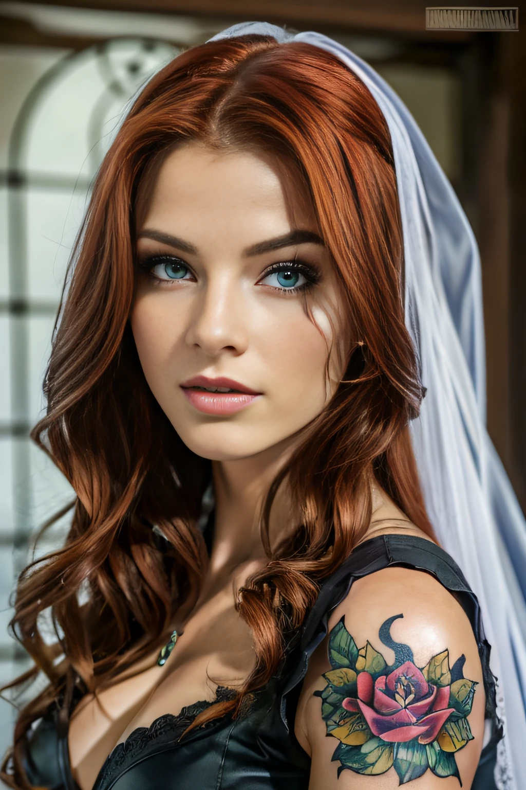 absurdres, foto RAW, mais alta qualidade, (obra-prima: 1.3), foto de cor RAW de alto detalhe, foto profissional, unidade de papel de parede CG 8k extremamente detalhada, foto-realista, realista, foto RAW, obra-prima, melhor qualidade, highres, illustration, 1girl, , baixinha, tiny girl, magra, branca, ruiva, cabelo vermelho, cabelo ruivo com cachos, cabelo ondulado, curly hair, Average length, cabelo preso, pernas finas, rosto lindo perfeito com sardas, cardune lips, belos olhos realistas, olho direito verde, olho esquerdo azul, heterocromia, pale skin, textura de pele detalhada, seios planos, seios muito pequenos, bunda pequena. Rosas vermelhas tatuadas nos ombros, tattoos of pagan symbols on the forearms and hands. Corpo magro, esguio. Ruiva. Sorriso. Elegante. Estilo bruxa. Pagan style, Celtic, wiccan. Escocesa. She looks amazing. Corpo inteiro. (Jaqueta de couro marrom, metal sunglasses, gargantilha com pingente de pentagrama, Veil partially covering the hair, katana pendurada nas costas, design detalhado), casa abandonada, noite.